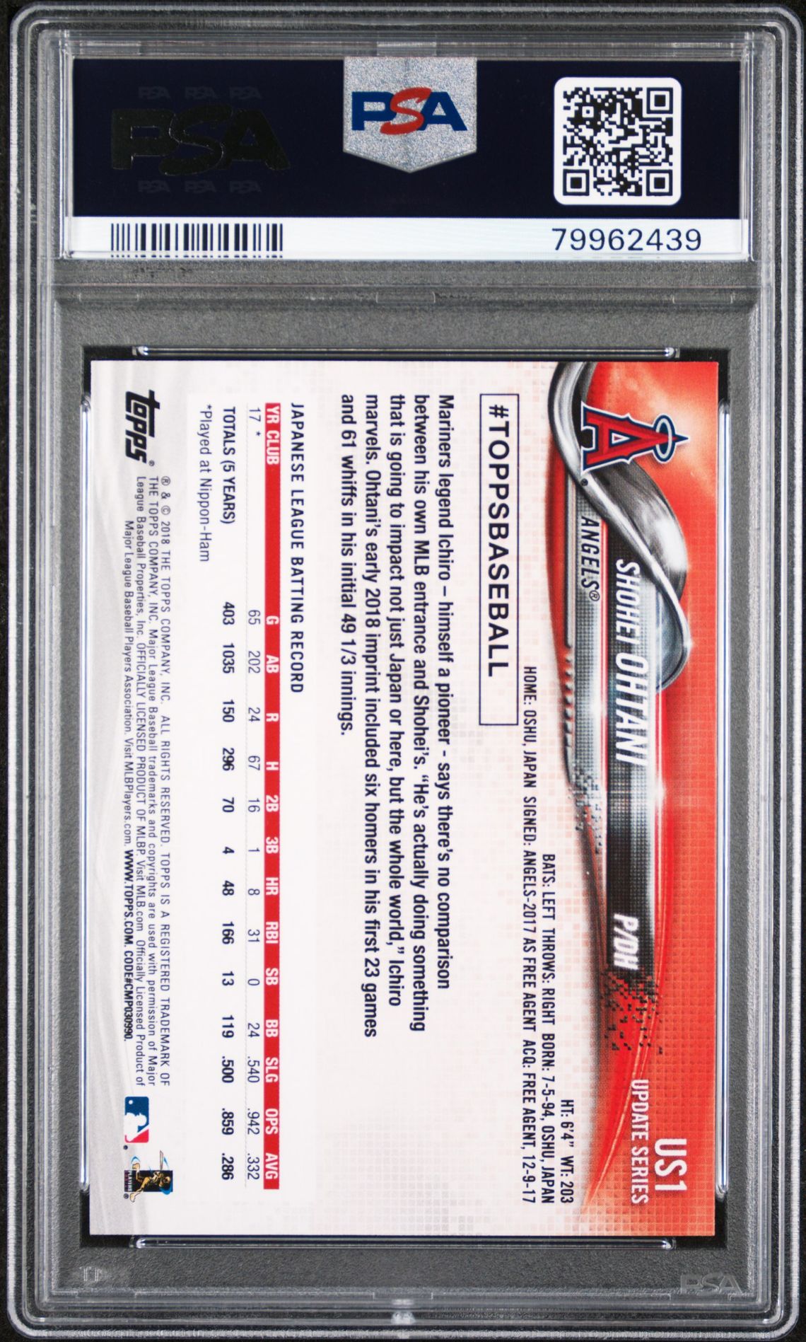 2018 Topps Update Shohei Ohtani #Us1 Gem Mt 10 back