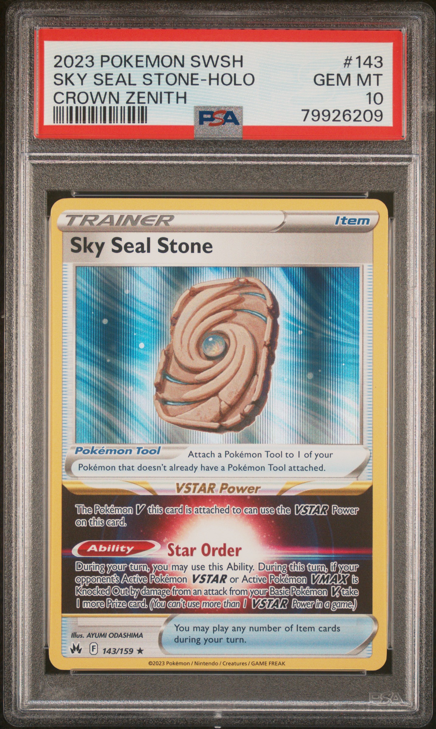2023 Pokemon Sword and Shield Crown Zenith #143 Sky Seal Stone-Holo – PSA GEM MT 10