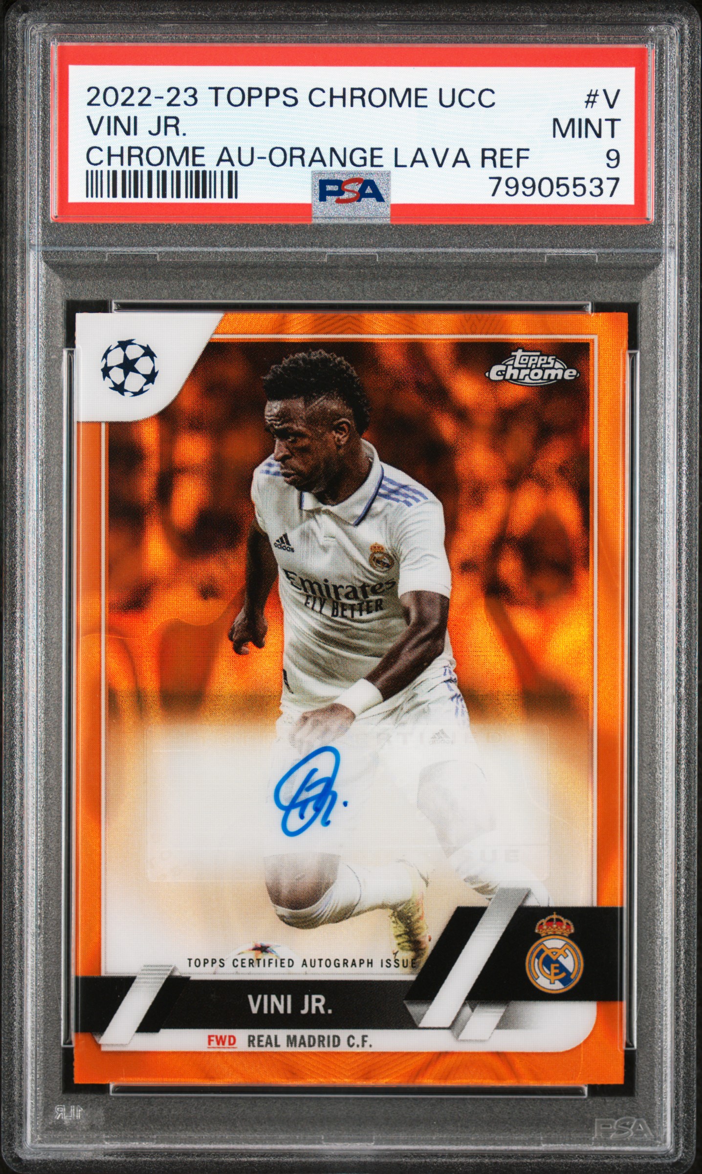 2022 Topps Chrome Uefa Club Competitions Chrome Autographs Orange Lava Refractor #V Vini Jr. – PSA MINT 9