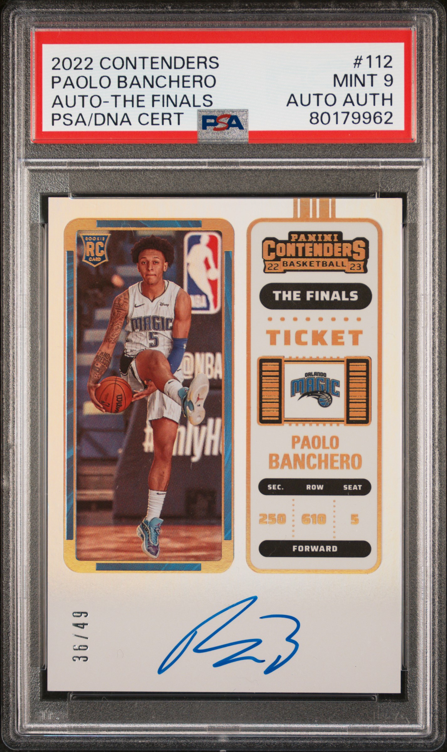 2022-23 Panini Contenders Autograph-The Finals Rookie Ticket #112 Paolo Banchero Signed Rookie Card (#36/49) – PSA MINT 9, PSA/DNA Authentic 