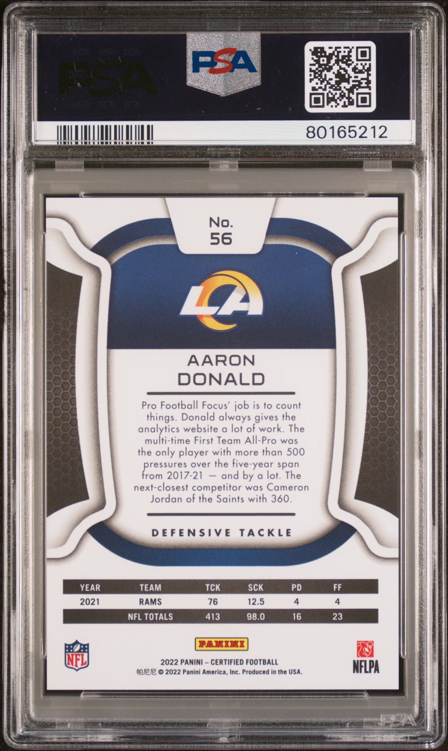 2022 Panini Certified Aaron Donald #56 (Mirror Purple Fotl) Mint 9 back