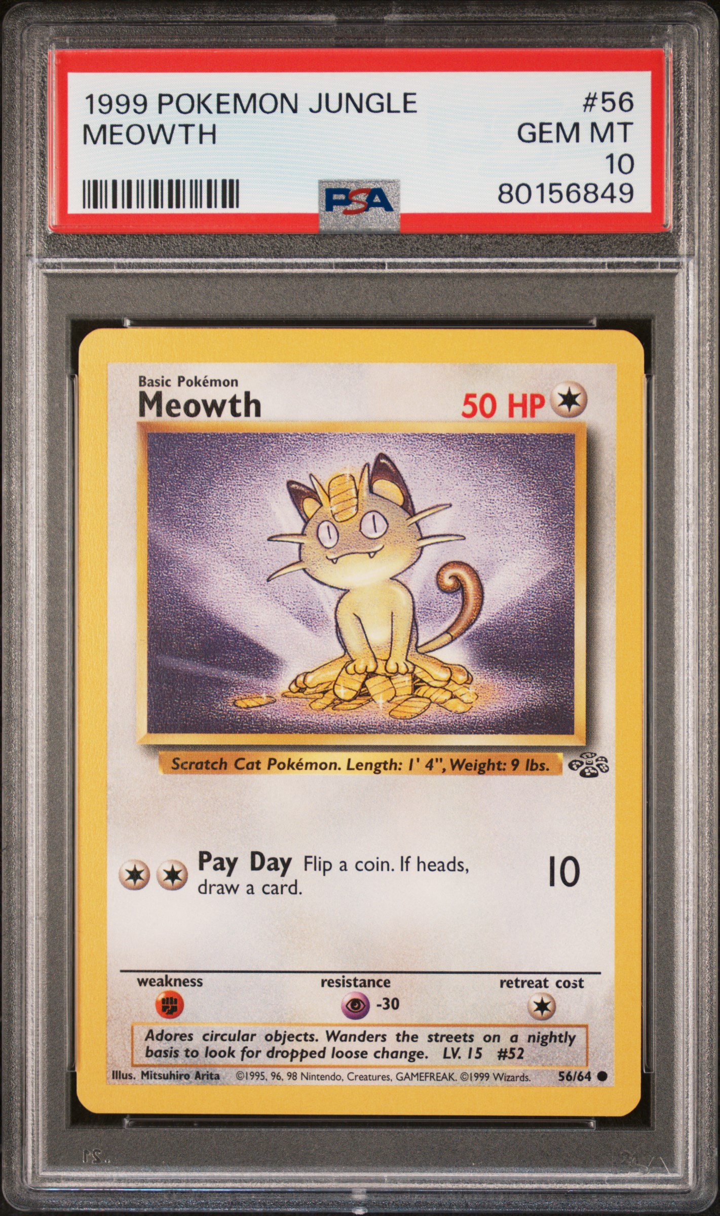 1999 Pokemon Jungle 56 Meowth – PSA GEM MT 10