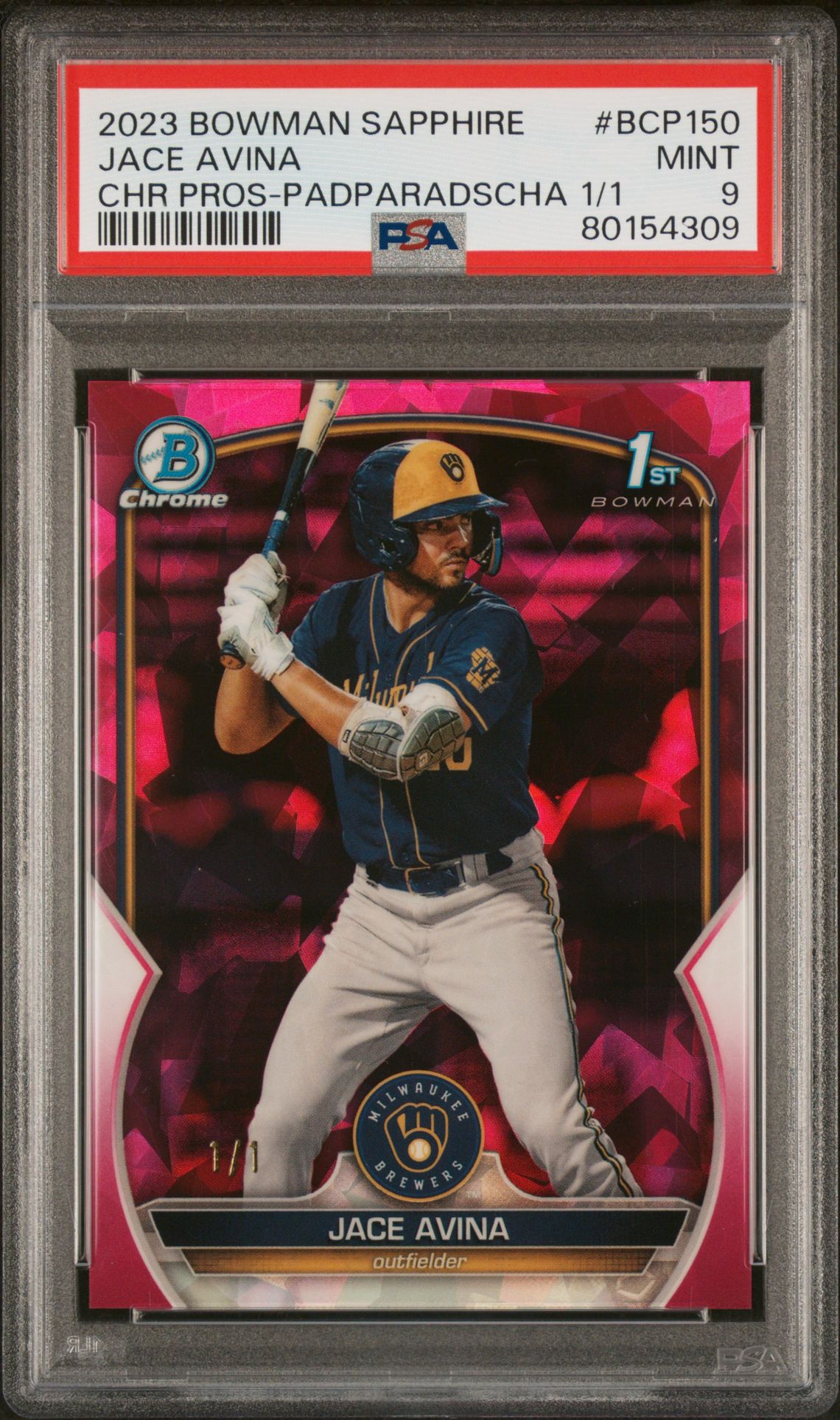 2023 Bowman BOWMAN SAPPHIRE EDITION CHROME PROSPECTS CHR PROS-PADPARADSCHA 1/1 #BCP150 Jace Avina front