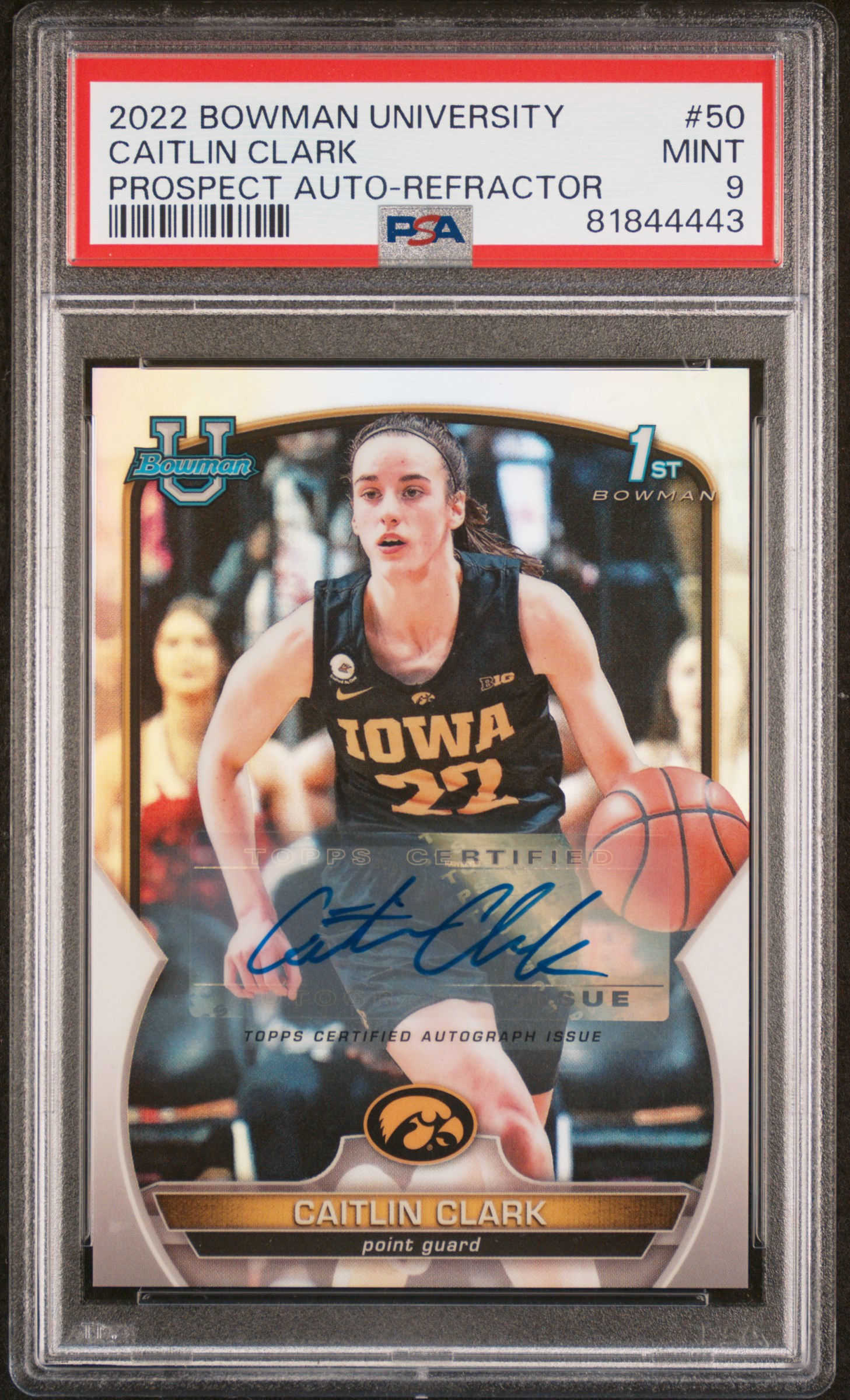 2022 BOWMAN CHROME UNIVERSITY #50 CAITLIN CLARK PROSPECT AUTO-REFRACTOR