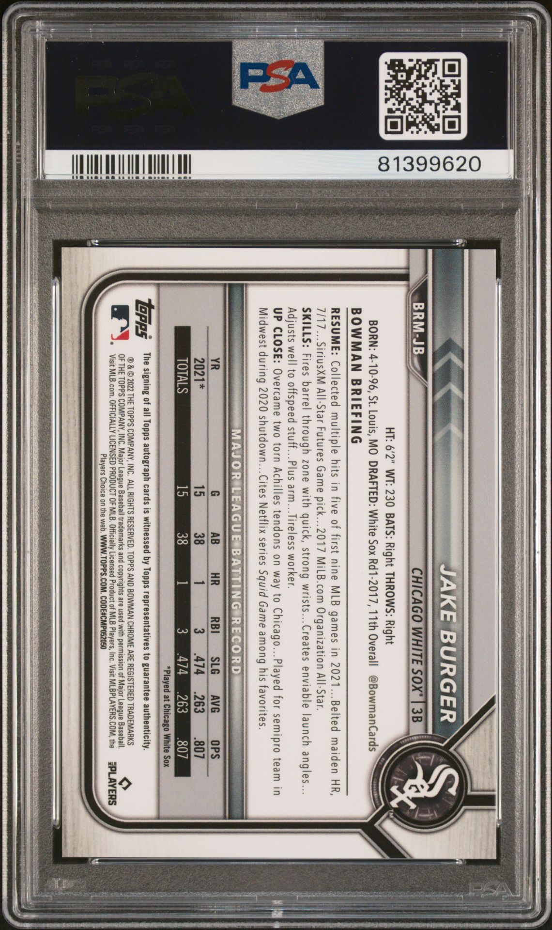 2022 Bowman Mega Box Chrome Rookie Autographs Jake Burger #Brmjb (Chr.rke.au-Orange Ref.) Mint 9 back