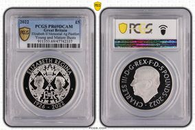 2022 £5 Elizabeth II Memorial Ag Piedfort Young and Mature Busts PR69DCAM