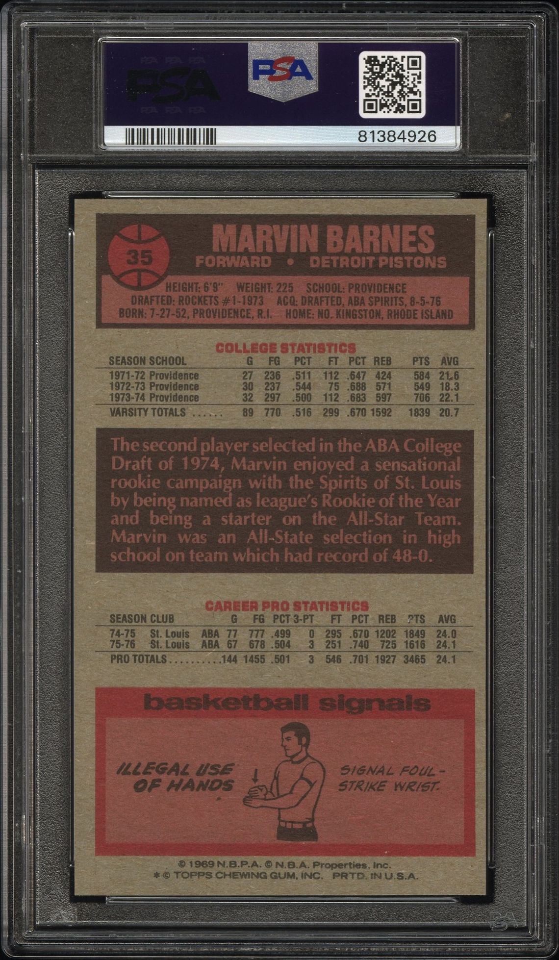 1976 Topps Marvin Barnes #35 Mint 9 back