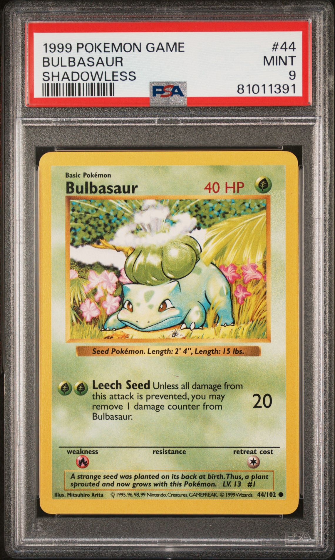 1999 Pokemon Base Set SHADOWLESS #44 Bulbasaur front