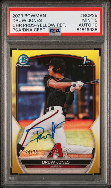 2023 Bowman Chrome Prospects Druw Jones #Bcp25 (Chr Pros-Yellow Ref.) Mint 9 front