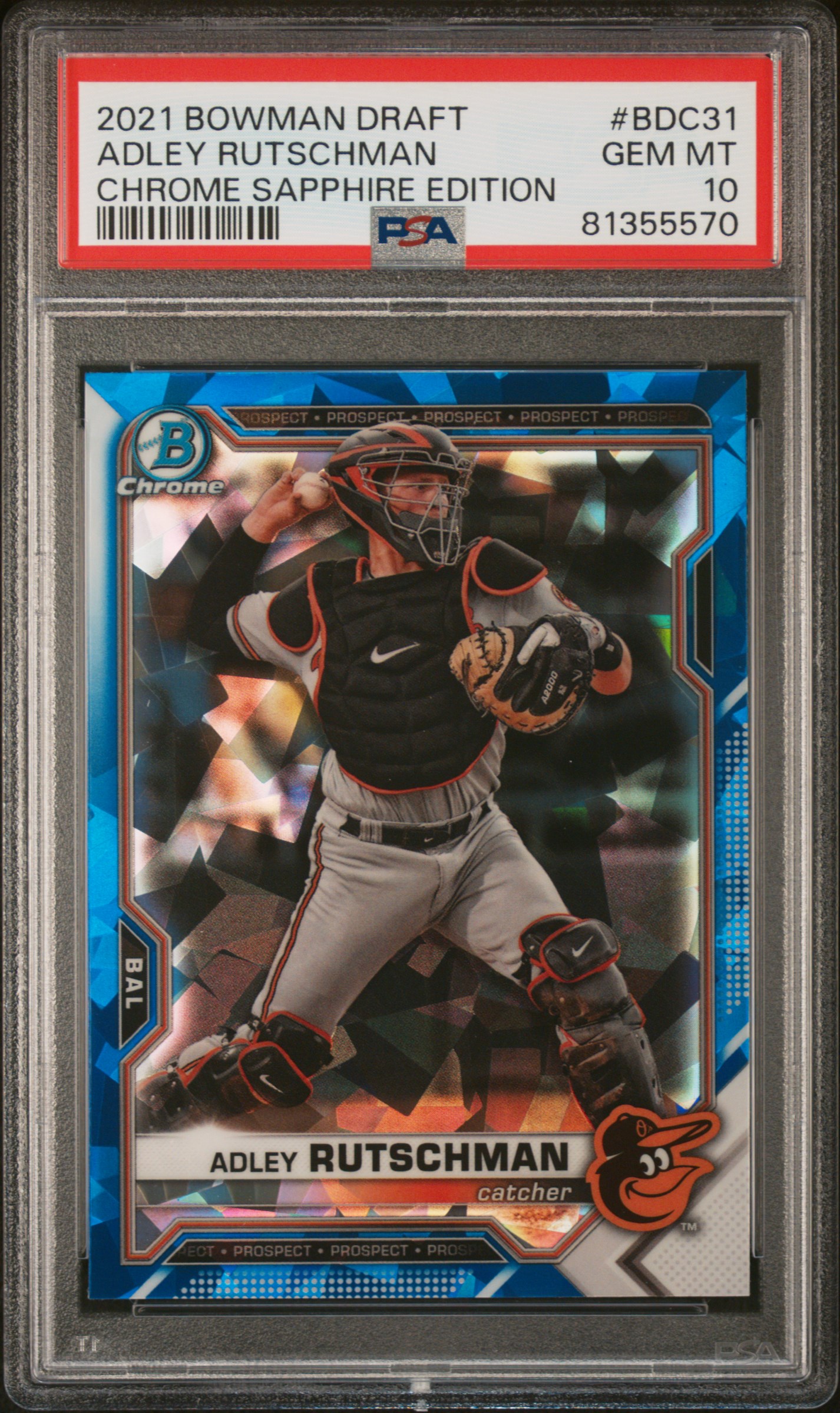 thumbnail interactive-video image 1 of 2019 Bowman Chrome Draft Adley Rutschman Sapphire Refractor Cracked Ice RC #/150 (Near Mint) 1 of 6