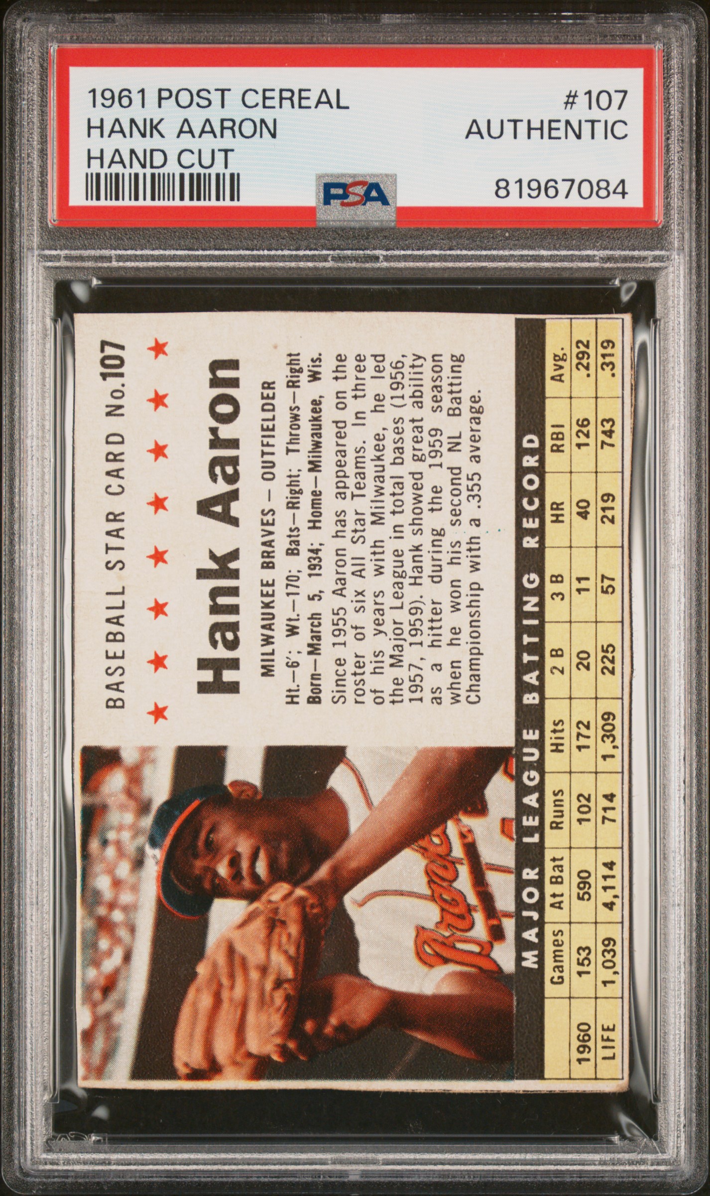 1961 POST CEREAL #107 HANK AARON HAND CUT