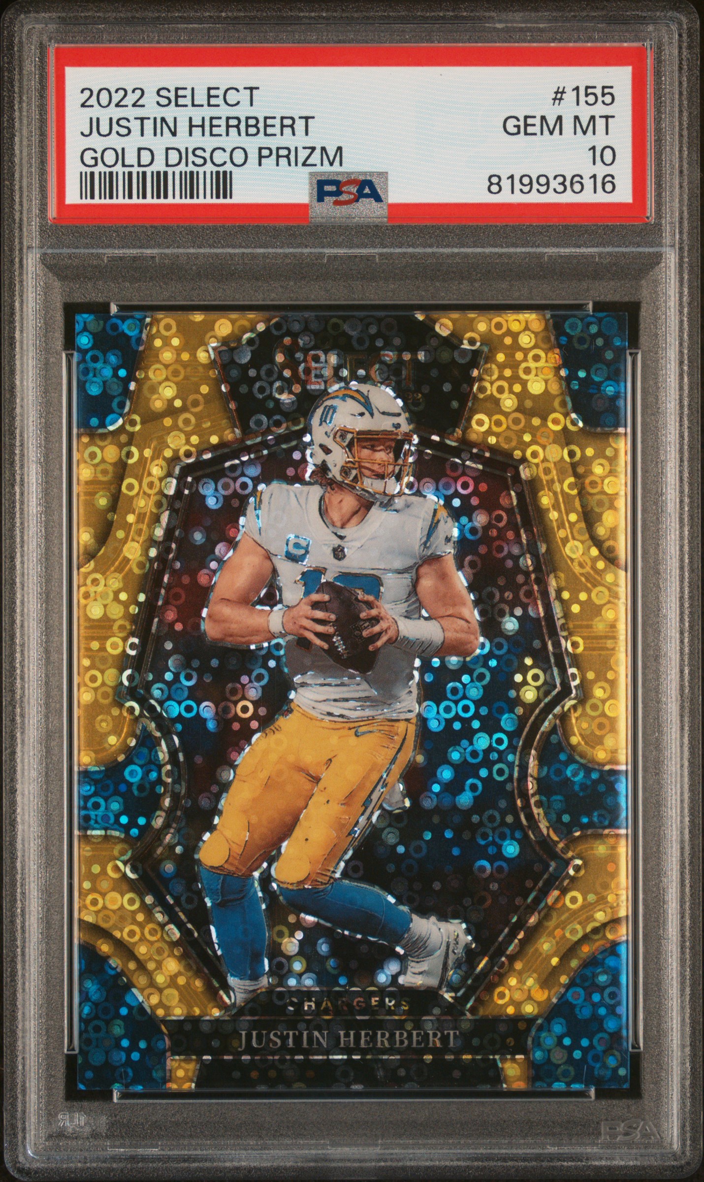 2022 Panini Select Gold Disco Prizm #155 Justin Herbert (#10/10) - Jersey Number - PSA GEM MT 10