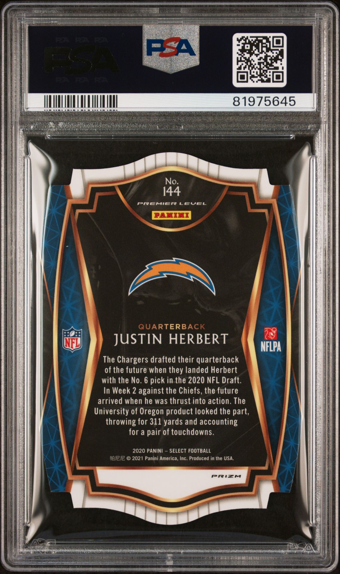 2020 Panini Select Justin Herbert #144 (Die-Cut Blue Prizm) Mint 9 back