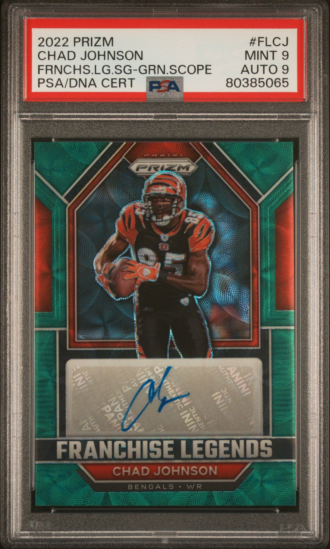 2022 Panini Prizm Franchise Legends Signatures Chad Johnson #Flcj (Frnchs.lg.sg-Grn.scope) Mint 9 front