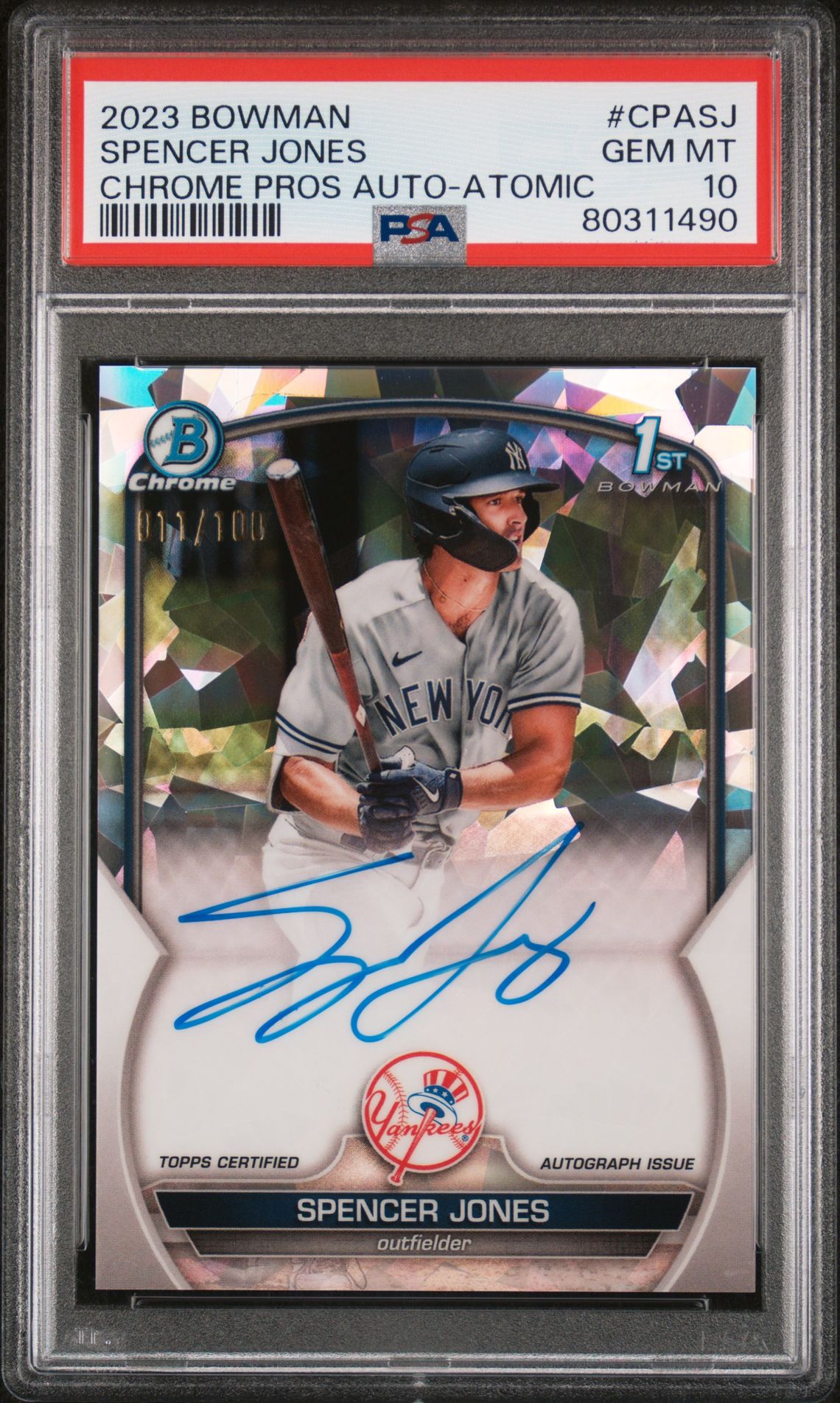 2023 Bowman BOWMAN CHROME PROSPECT AUTOGRAPHS CHROME PROS AU-ATOMIC REF #CPASJ Spencer Jones front