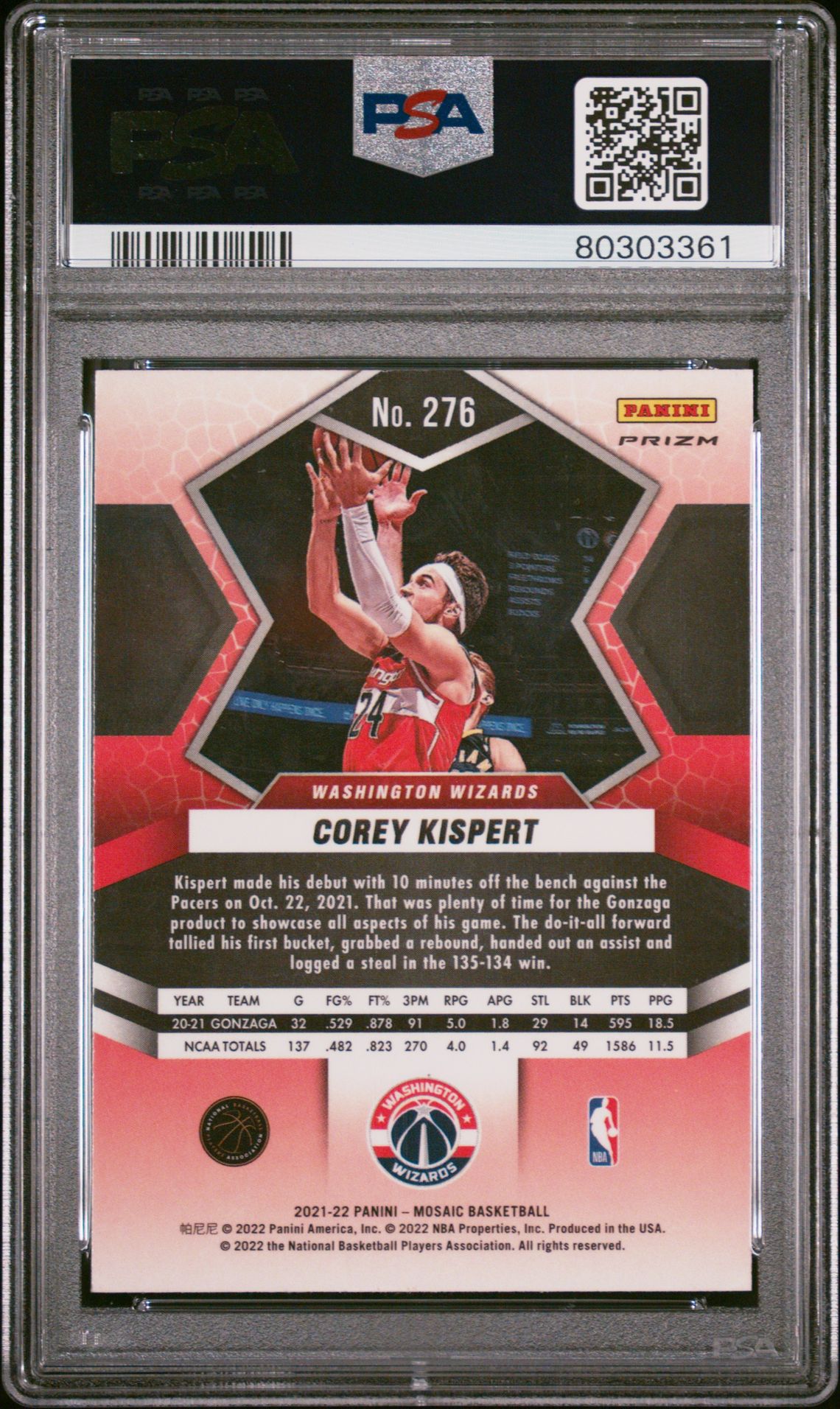 2021 Panini Mosaic Corey Kispert #276 (Genesis) Nm-Mt 8 back