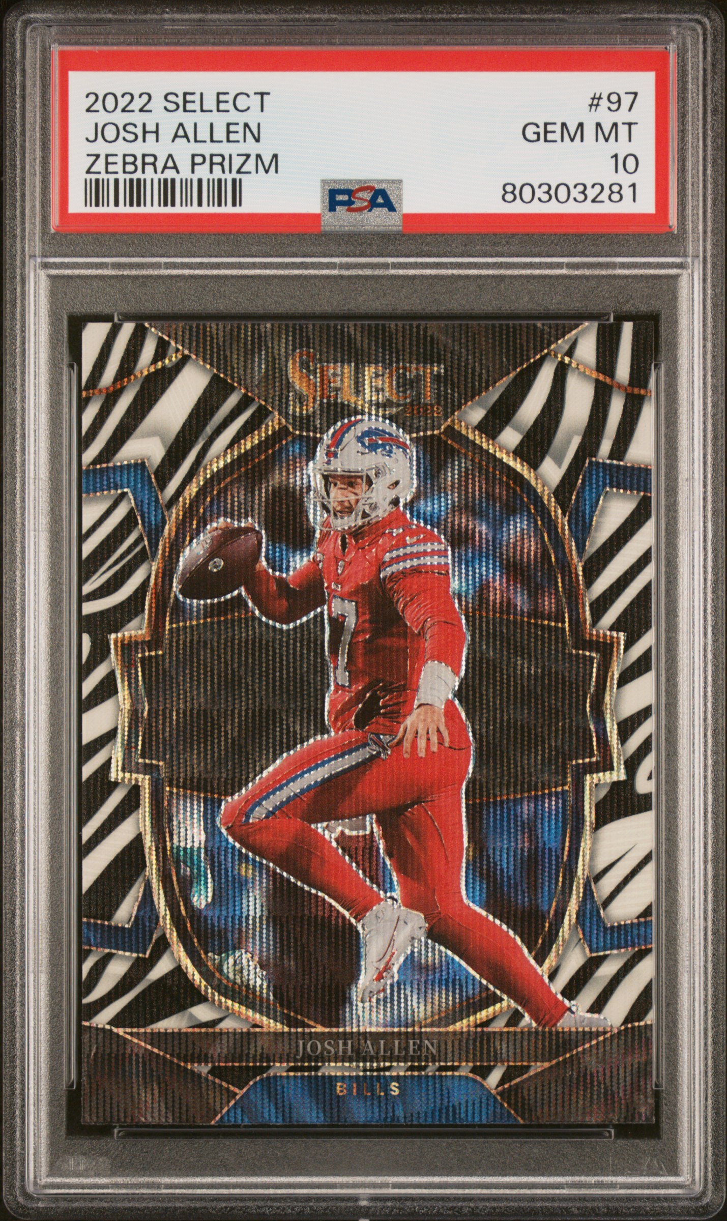 2022 Panini Select Zebra Prizm #97 Josh Allen – PSA GEM MT 10