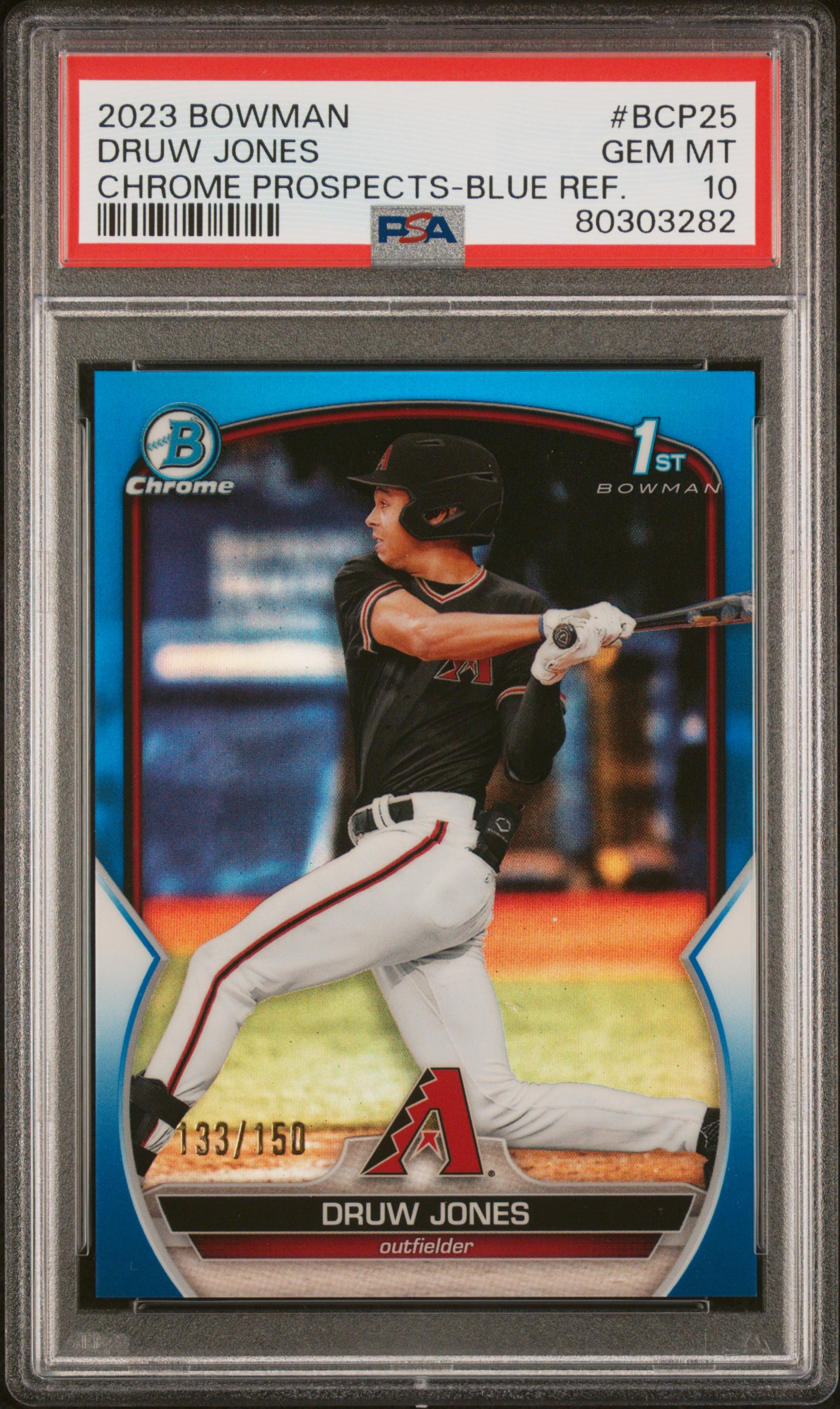 2023 Bowman Chrome Prospects Blue Refractor #BCP25 Druw Jones (#133/150) – PSA GEM MT 10