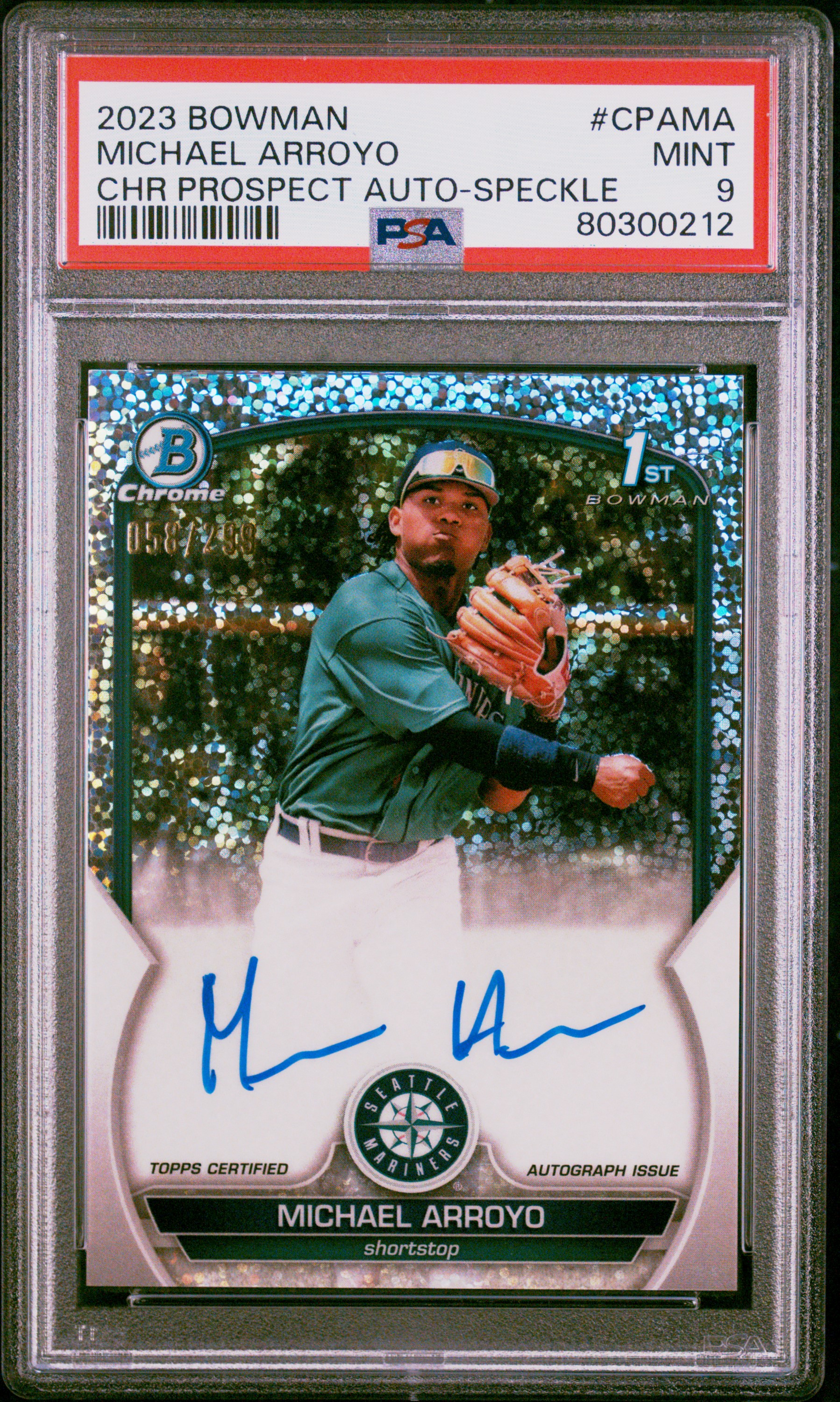 2023 Bowman Chrome Prospect Autographs Speckle #CPAMA Michael Arroyo Signed (#58/299) – PSA MINT 9