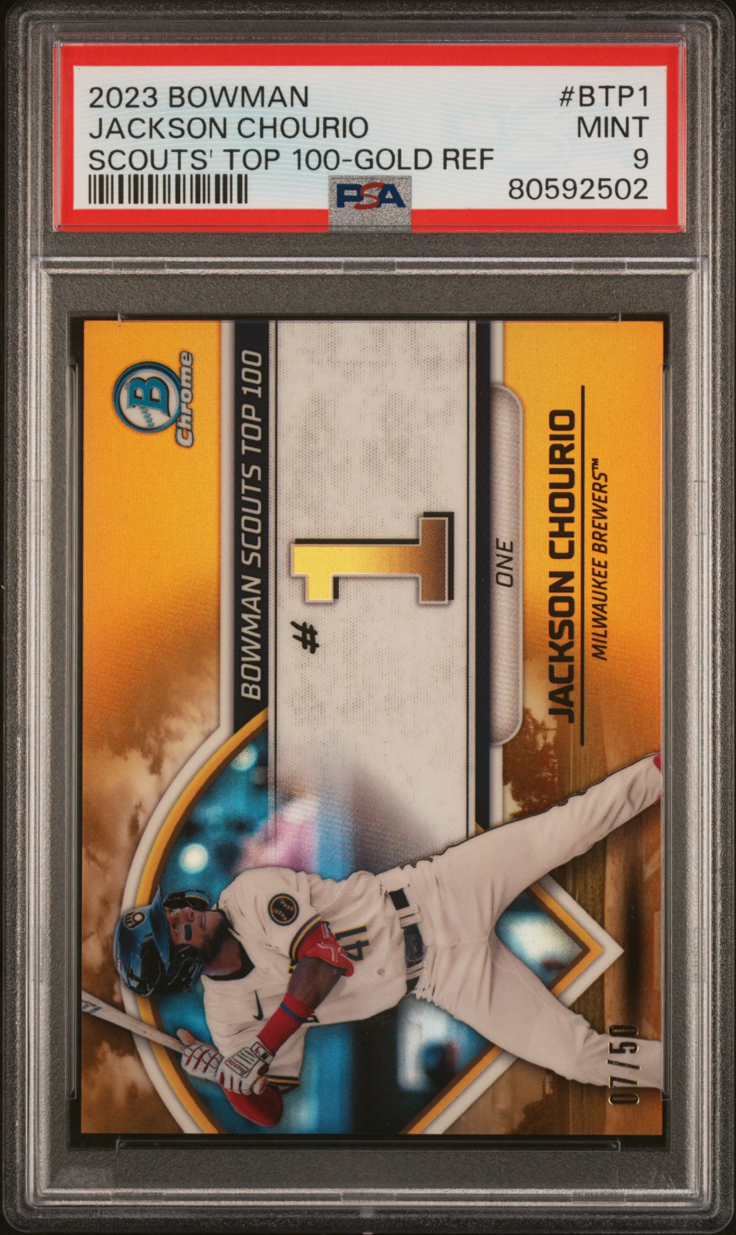 2023 Bowman Scouts' Top 100 Jackson Chourio #Btp1 (Scouts' Top 100-Gold Ref) Mint 9 front