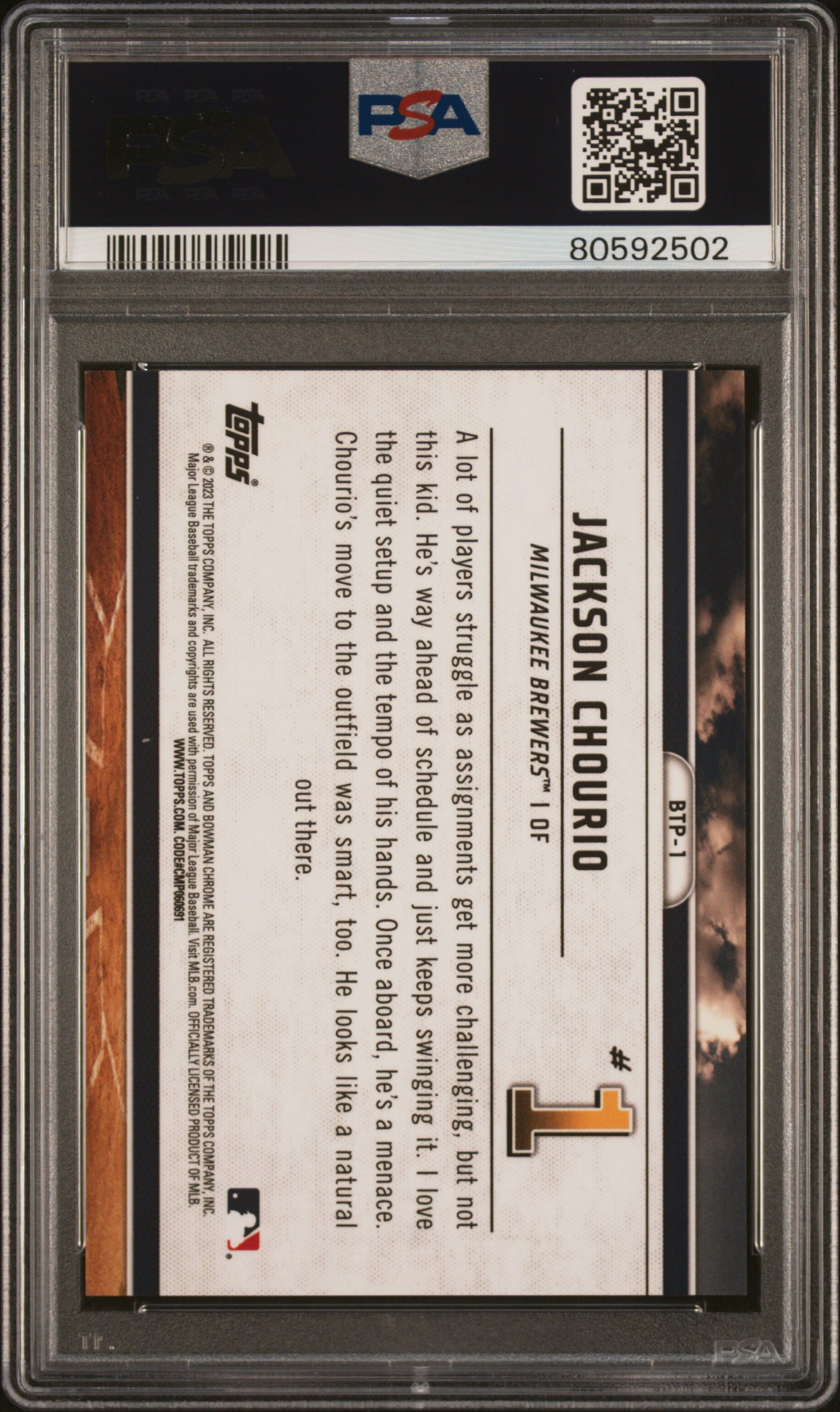 2023 Bowman Scouts' Top 100 Jackson Chourio #Btp1 (Scouts' Top 100-Gold Ref) Mint 9 back