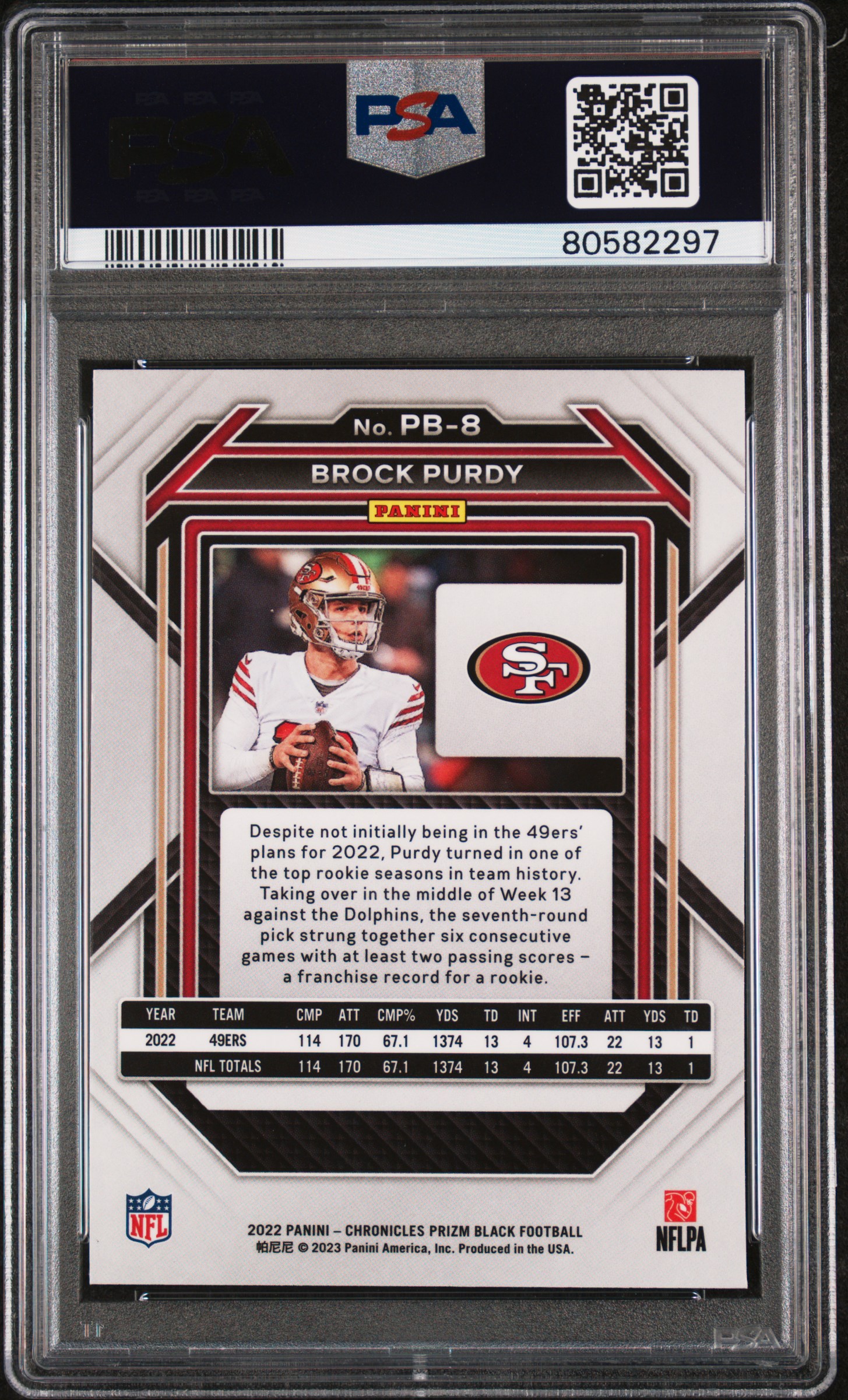 2022 Panini Chronicles Prizm Black Brock Purdy #Pb8 Gem Mt 10 back