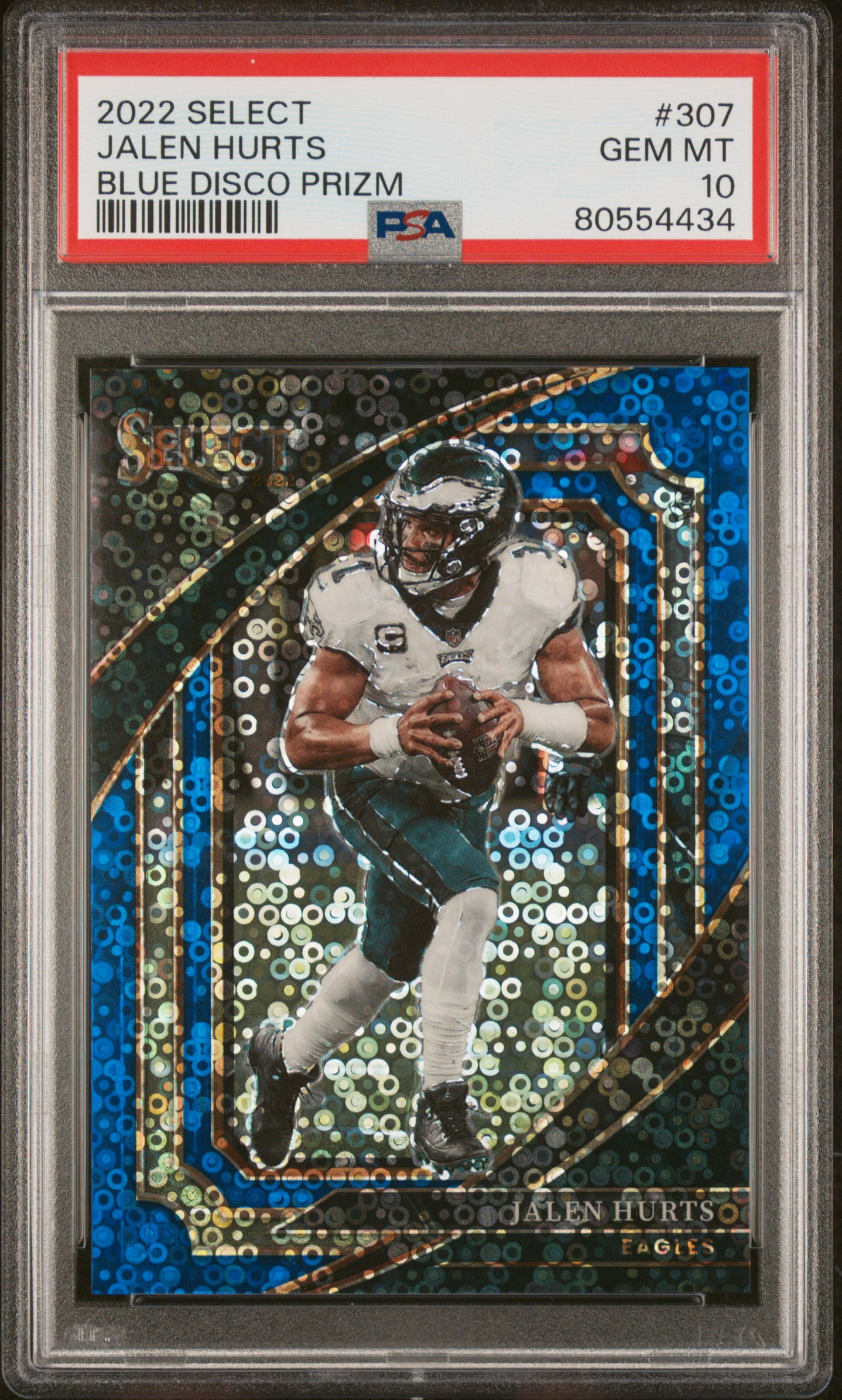 2022 Panini Select Blue Disco Prizm #307 Jalen Hurts (#6/25) – PSA GEM MT 10