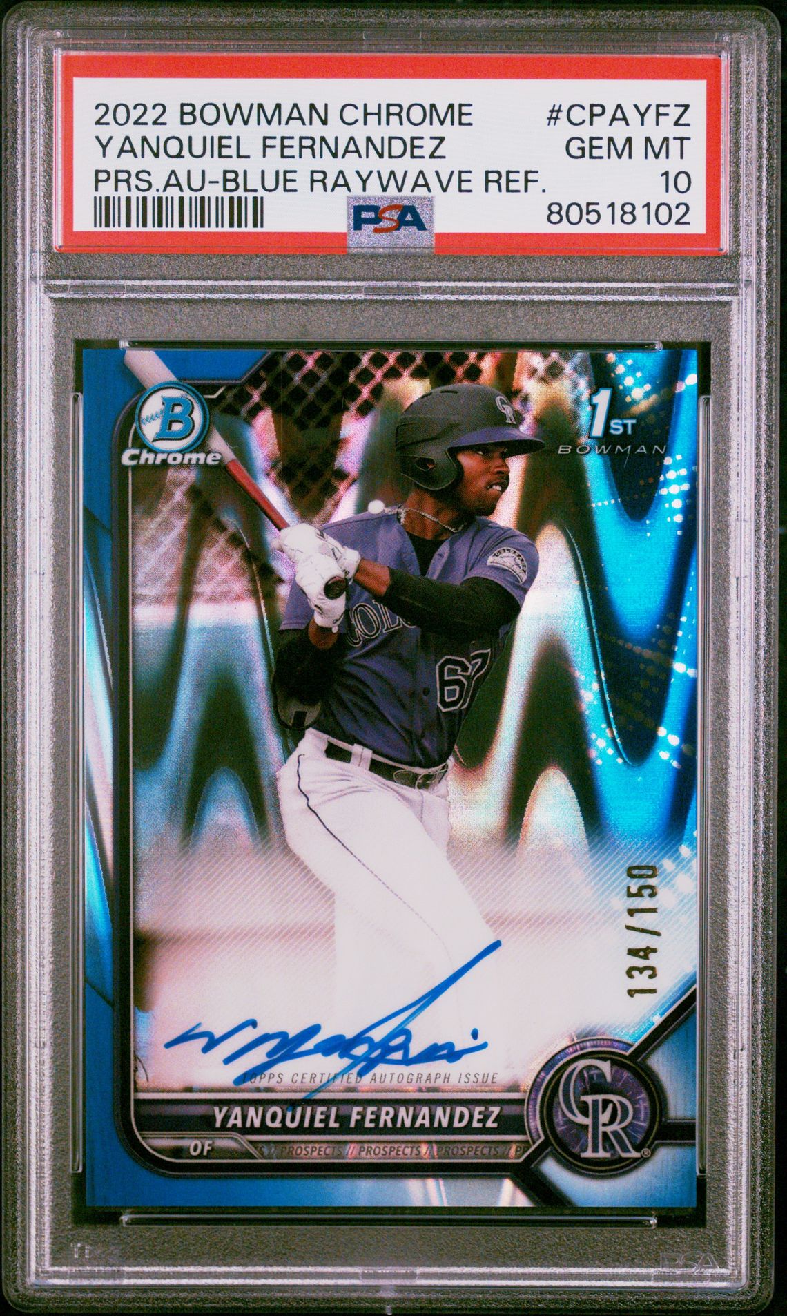 2022 Bowman Chrome Prospect Autographs Yanquiel Fernandez #Cpayfz (Prs.au-Blue Raywave Ref.) Gem Mt 10 front