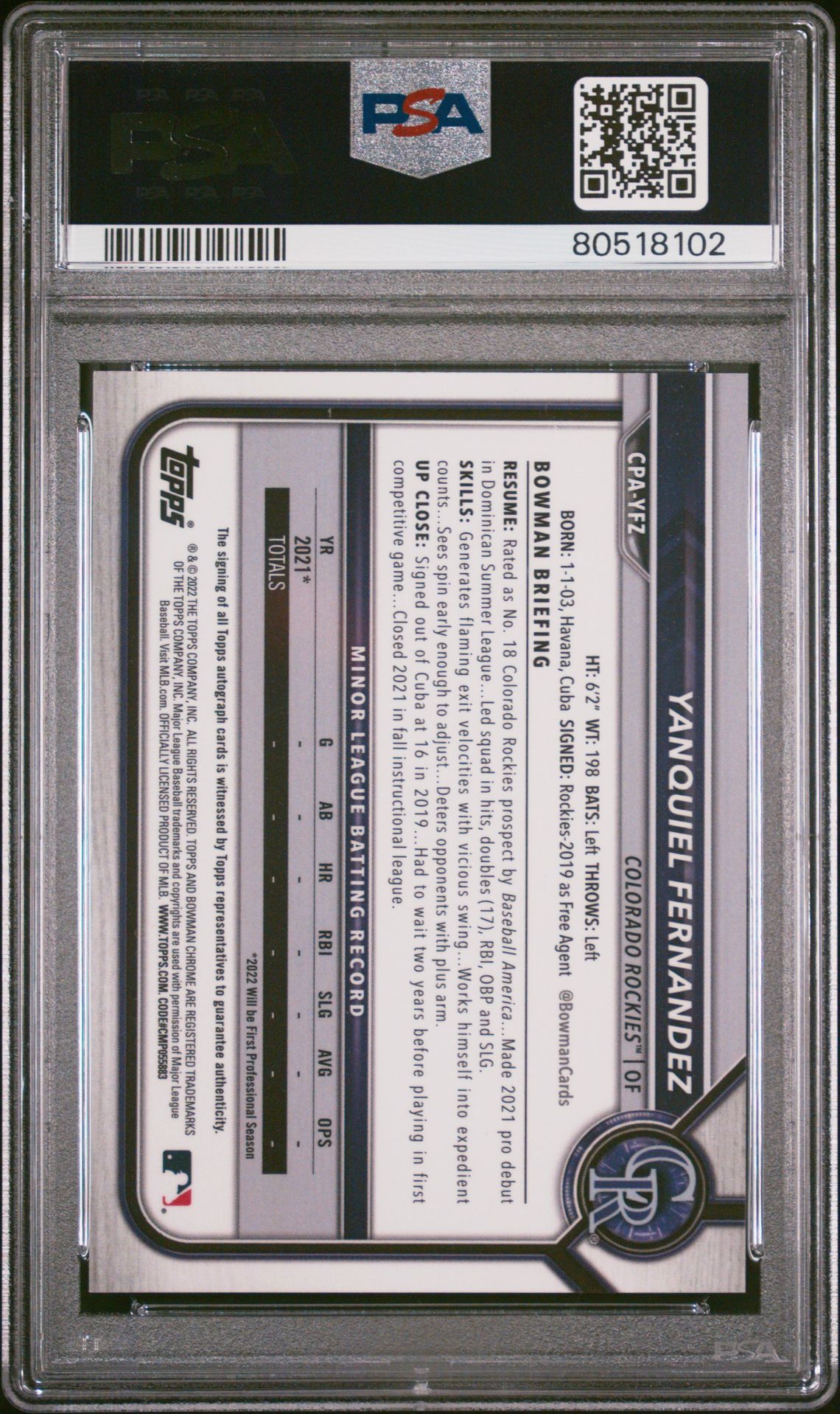 2022 Bowman Chrome Prospect Autographs Yanquiel Fernandez #Cpayfz (Prs.au-Blue Raywave Ref.) Gem Mt 10 back