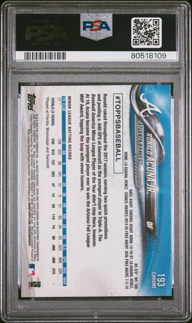 2018 Topps Chrome Ronald Acuna Jr. #193 Gem Mt 10 back