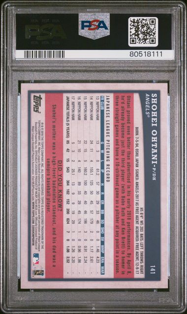 2018 Topps Big League Shohei Ohtani #141 (Gold) Nm-Mt 8 back