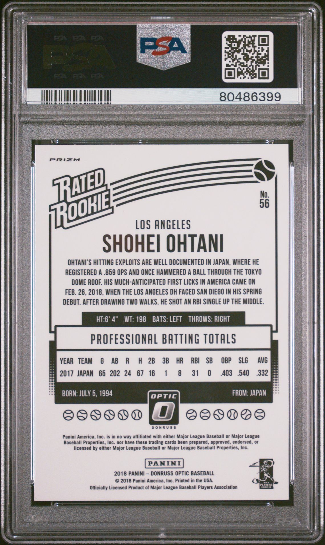 2018 Panini Donruss Optic Shohei Ohtani #56 (Variation-Holo) Mint 9 back