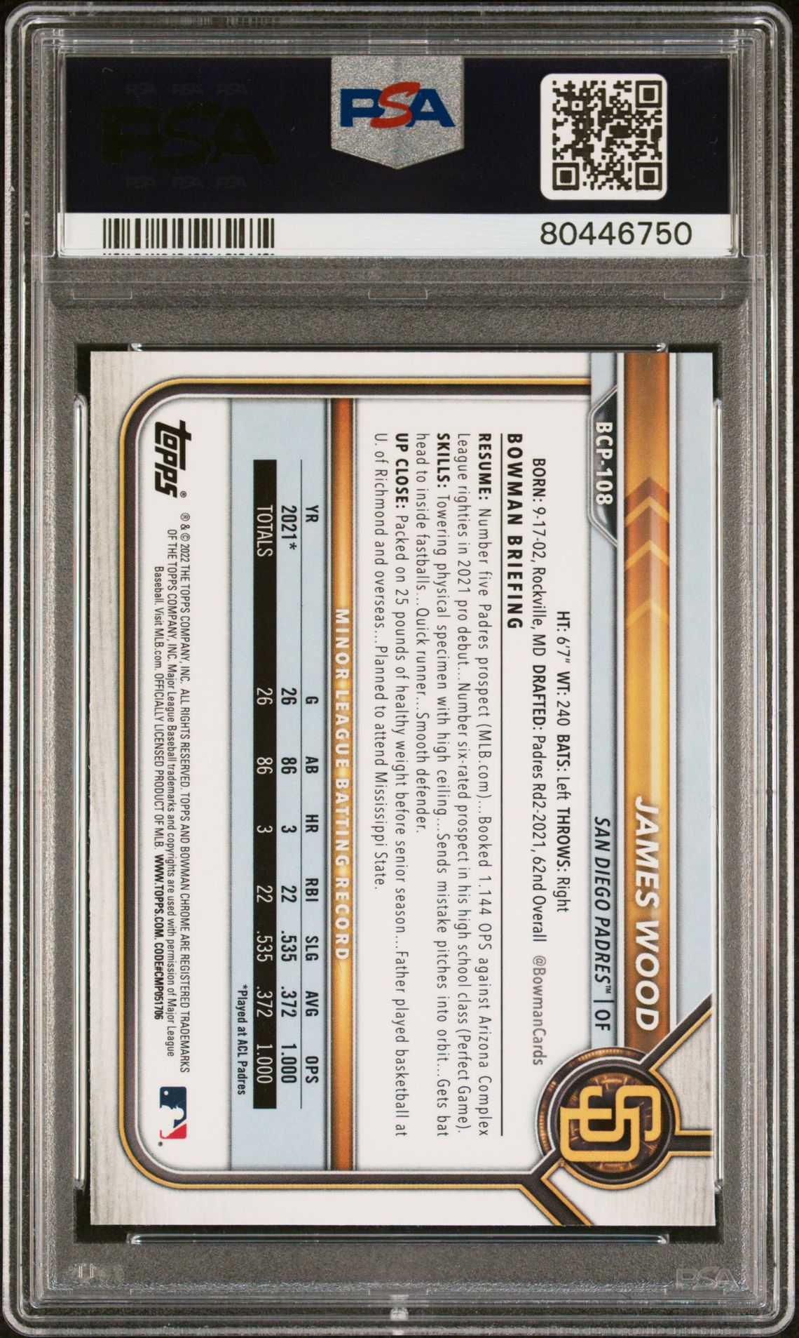 2022 Bowman Chrome Prospects James Wood #Bcp108 (Chrome Prospects) Mint 9 back