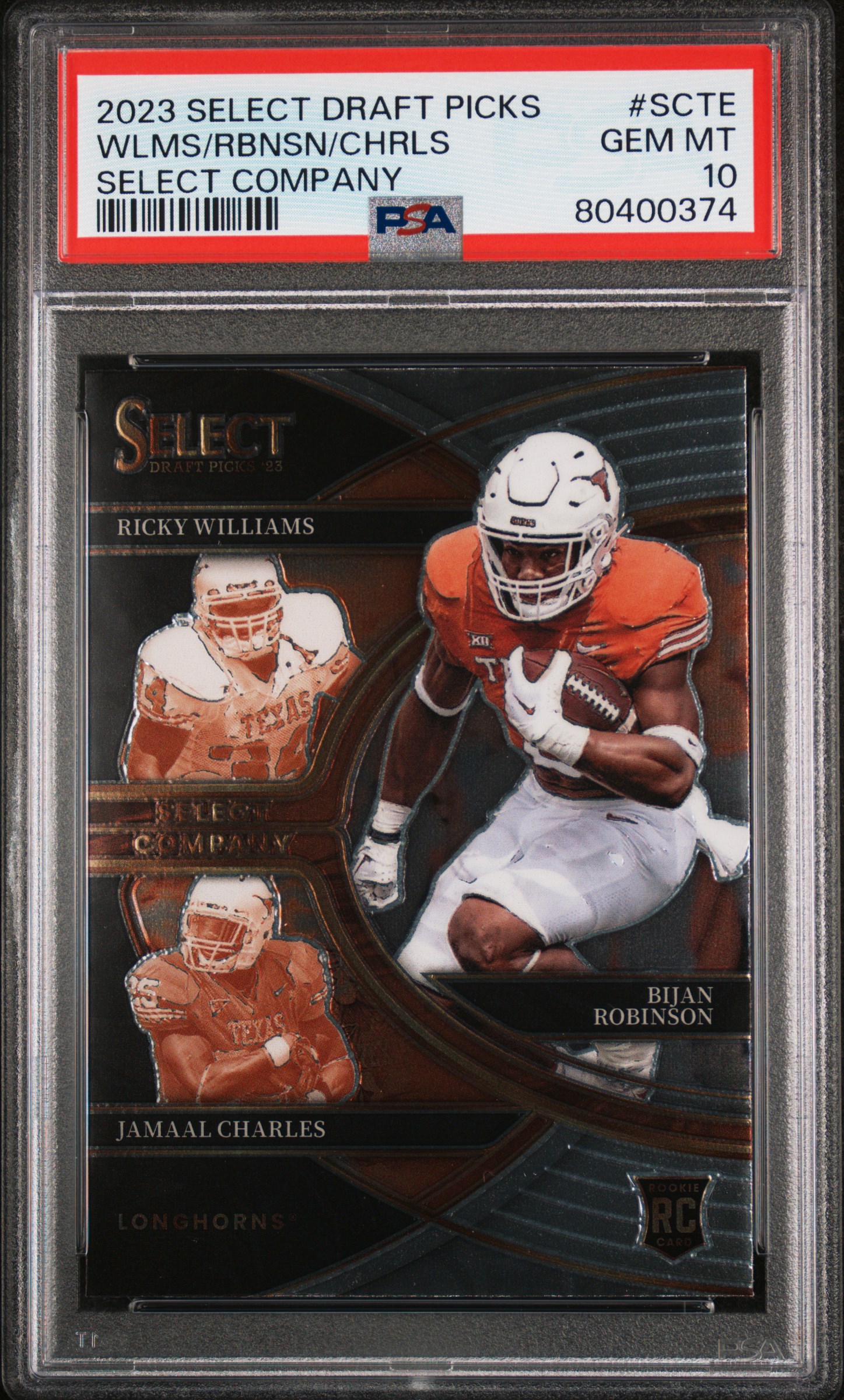 2023 Panini Select Draft Picks Select Company #SCTE Bijan Robinson/Jamaal Charles/Ricky Williams – PSA GEM MT 10