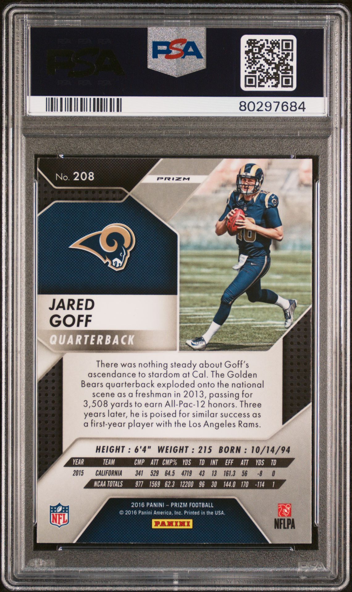 2016 Panini Prizm Jared Goff #208 (Prizm) Mint 9 back