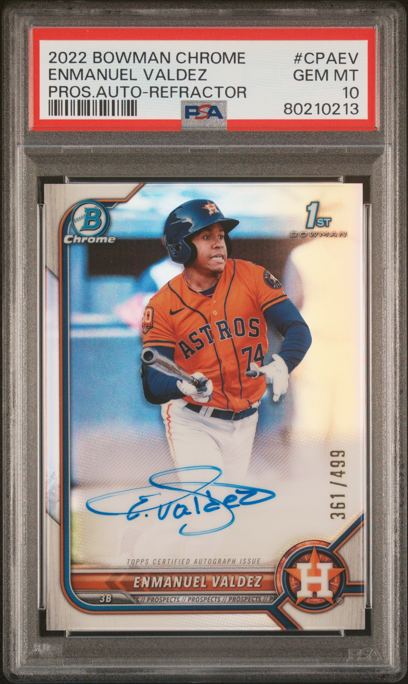 2022 Bowman Chrome Prospect Autographs Refractor #CPAEV Enmanuel Valdez 1st Bowman Autograph (#361/499) – PSA GEM MT 10