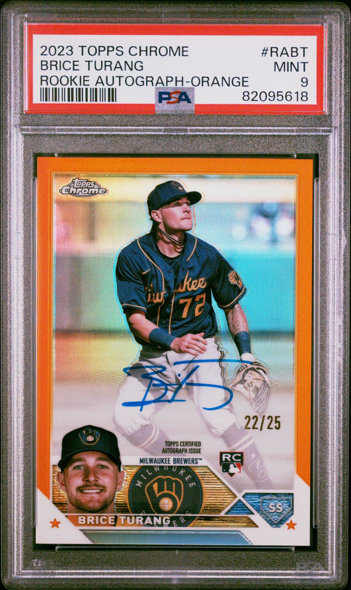 2023 Topps Chrome Rookie Autograph Brice Turang #Rabt (Rookie Auto-Orange Ref) Mint 9 front