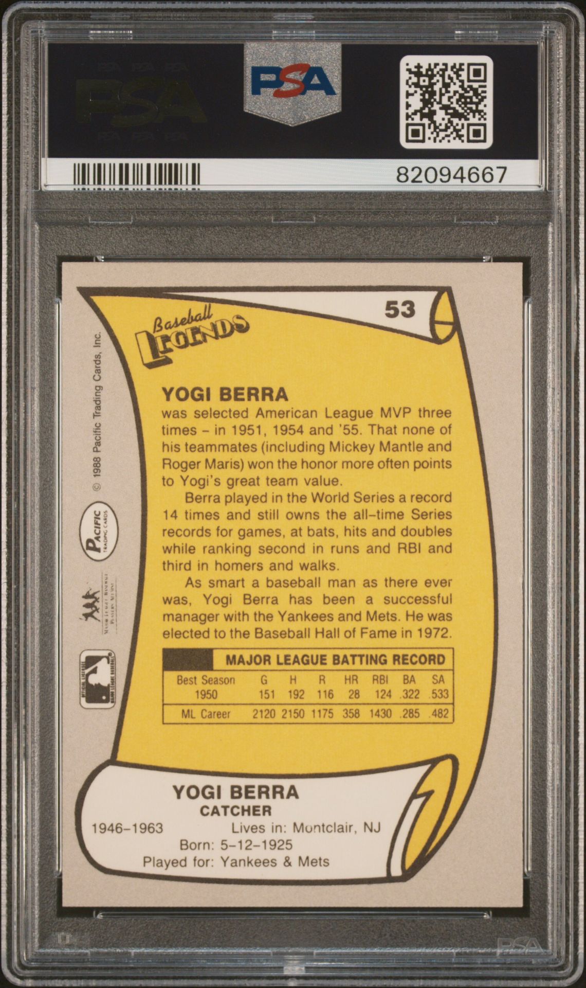 1988 Pacific Legends Yogi Berra #53 Mint 9 back