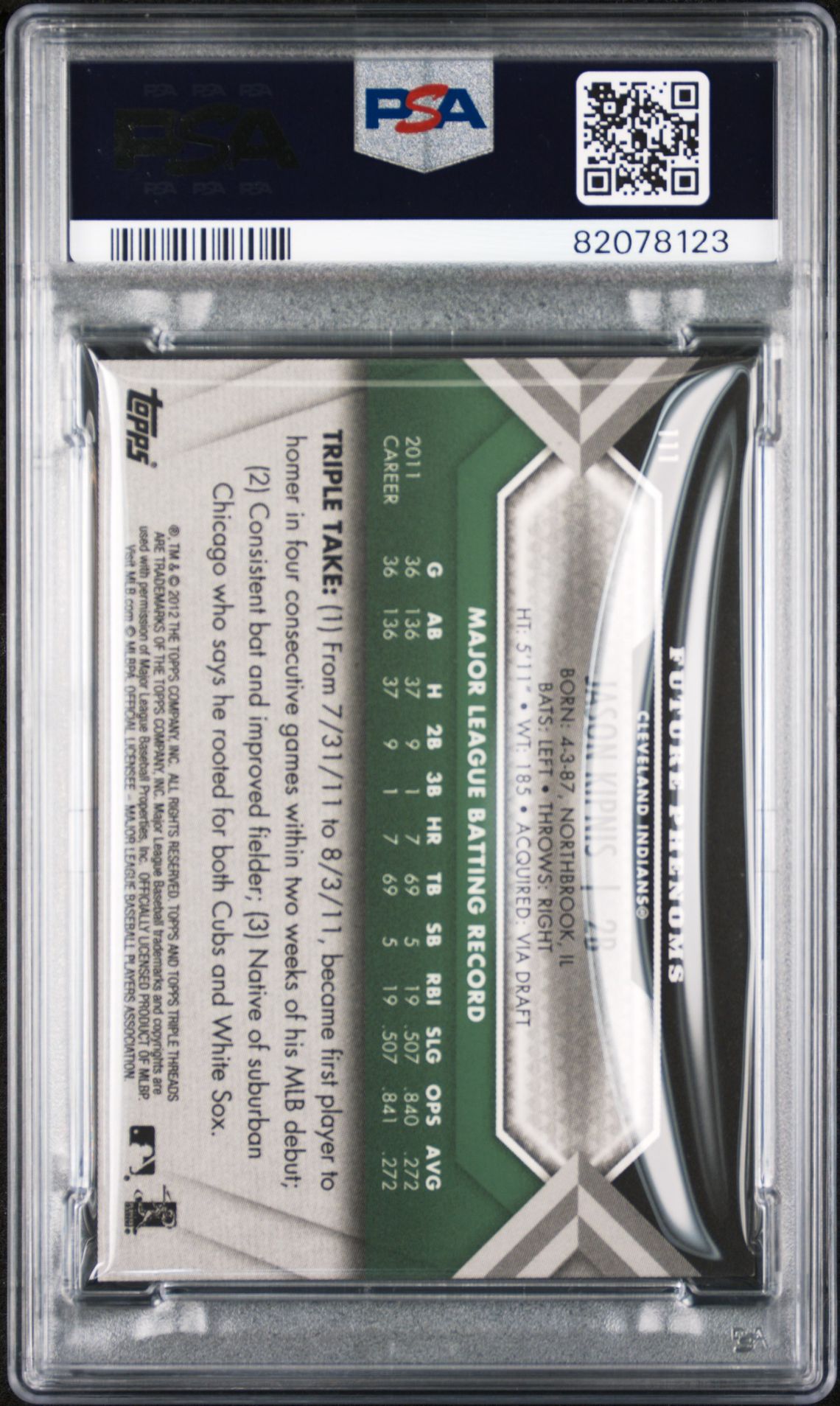 2012 Topps Triple Threads Jason Kipnis #111 (Autograph Relic-Emerald) Nm-Mt 8 back