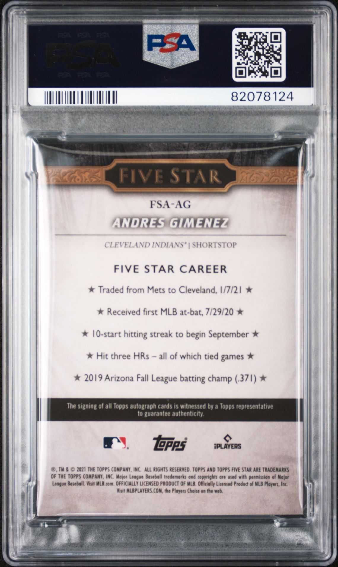 2021 Topps Five Star Autographs Andres Gimenez #Fsaag (Autographs) Nm-Mt 8 back