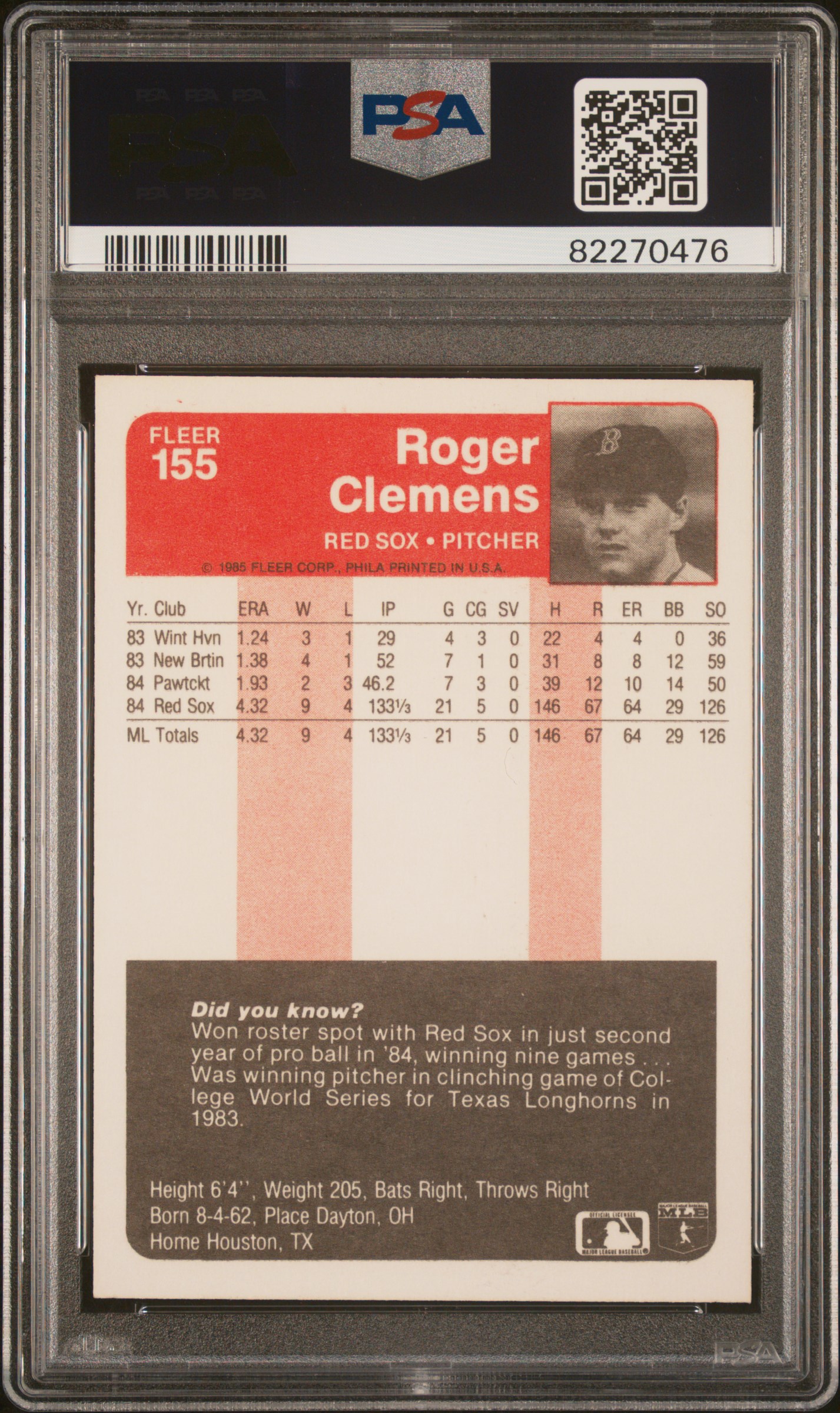 1985 Fleer Roger Clemens #155 Nm-Mt 8 back