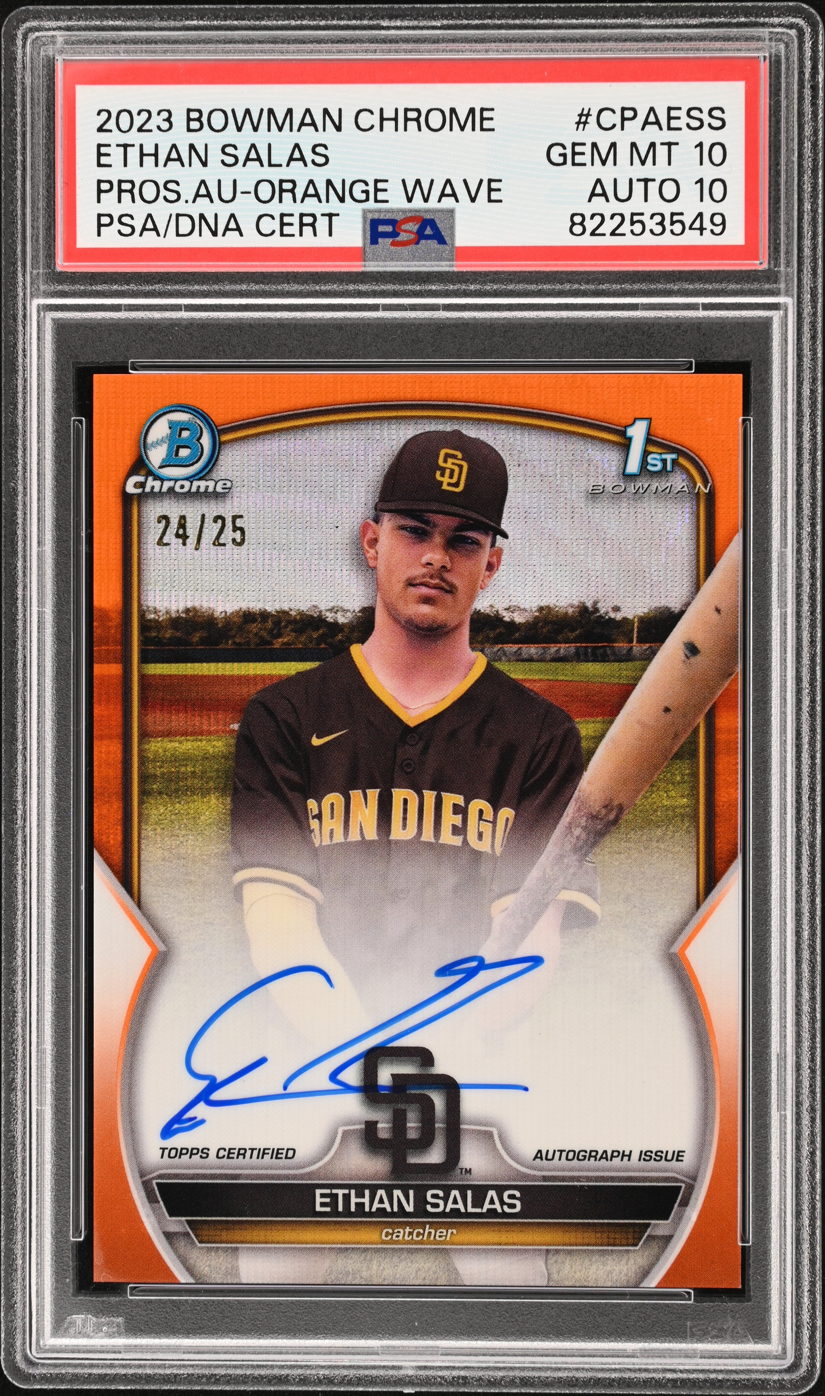 2023 Bowman Chrome Prospect Autographs Orange Wave Refractor #CPA-ESS Ethan Salas Signed Rookie Card (#24/25) - PSA GEM MT 10, PSA/DNA GEM MT 10 - Pop 1