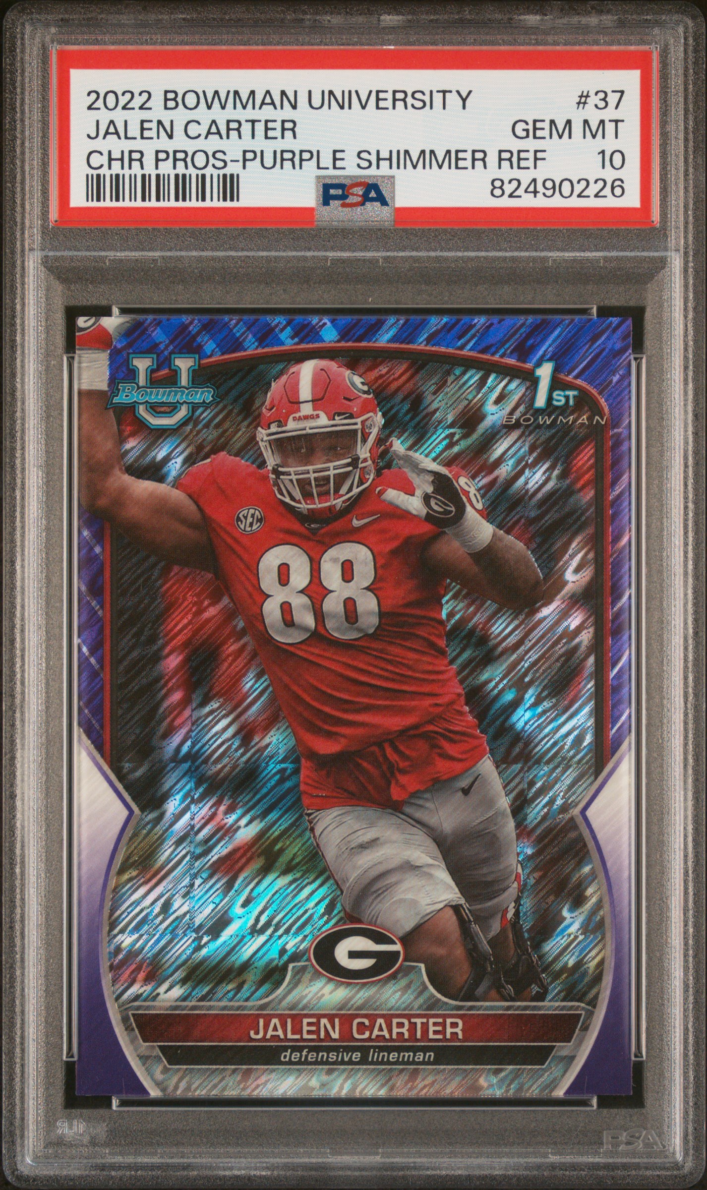 2022 Bowman University Chrome Prospects Purple Shimmer Refractor #37 Jalen Carter PSA 10