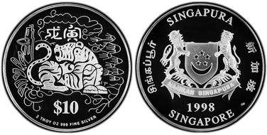 1998-SM $10 Year of the Tiger Ag 2oz PR69DCAM