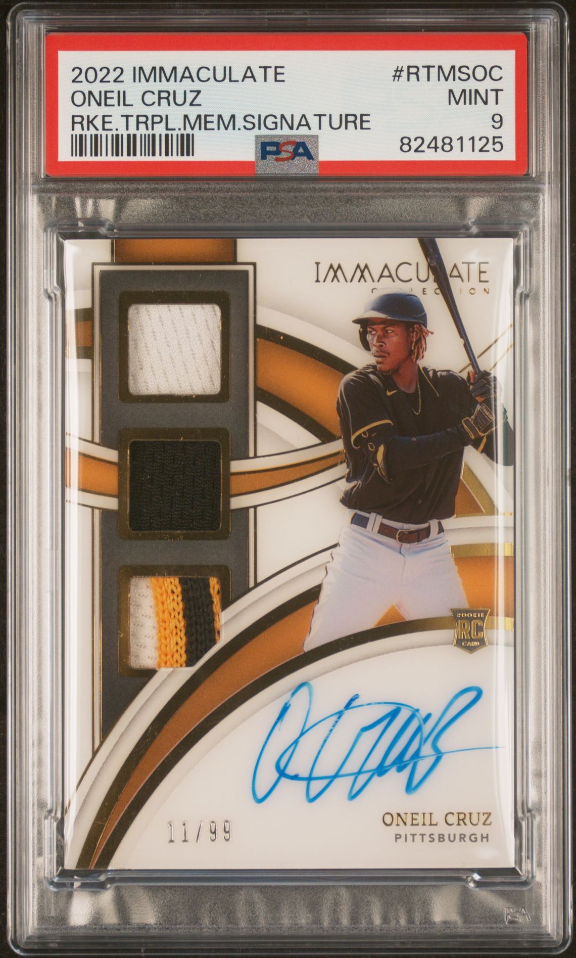2022 Panini PANINI IMMACULATE COLLECTION ROOKIE TRIPLE MEMORABILIA SIGNATURES RKE.TRPL.MEM.SIGNATURE #RTMSOC Oneil Cruz front