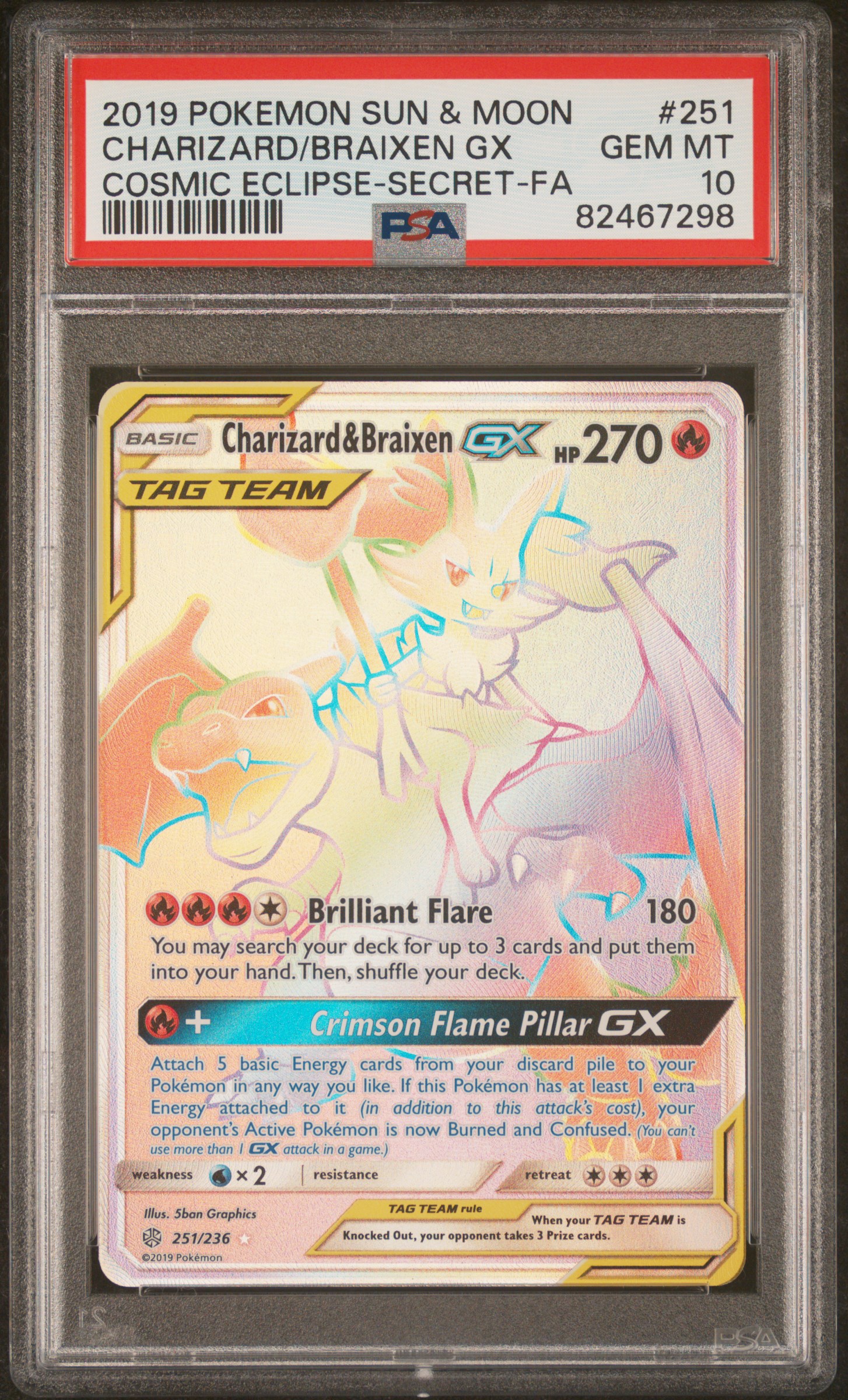 2019 #251 Full Art/Charizard & Braixen GX PSA 10 Sun & Moon Cosmic Eclipse