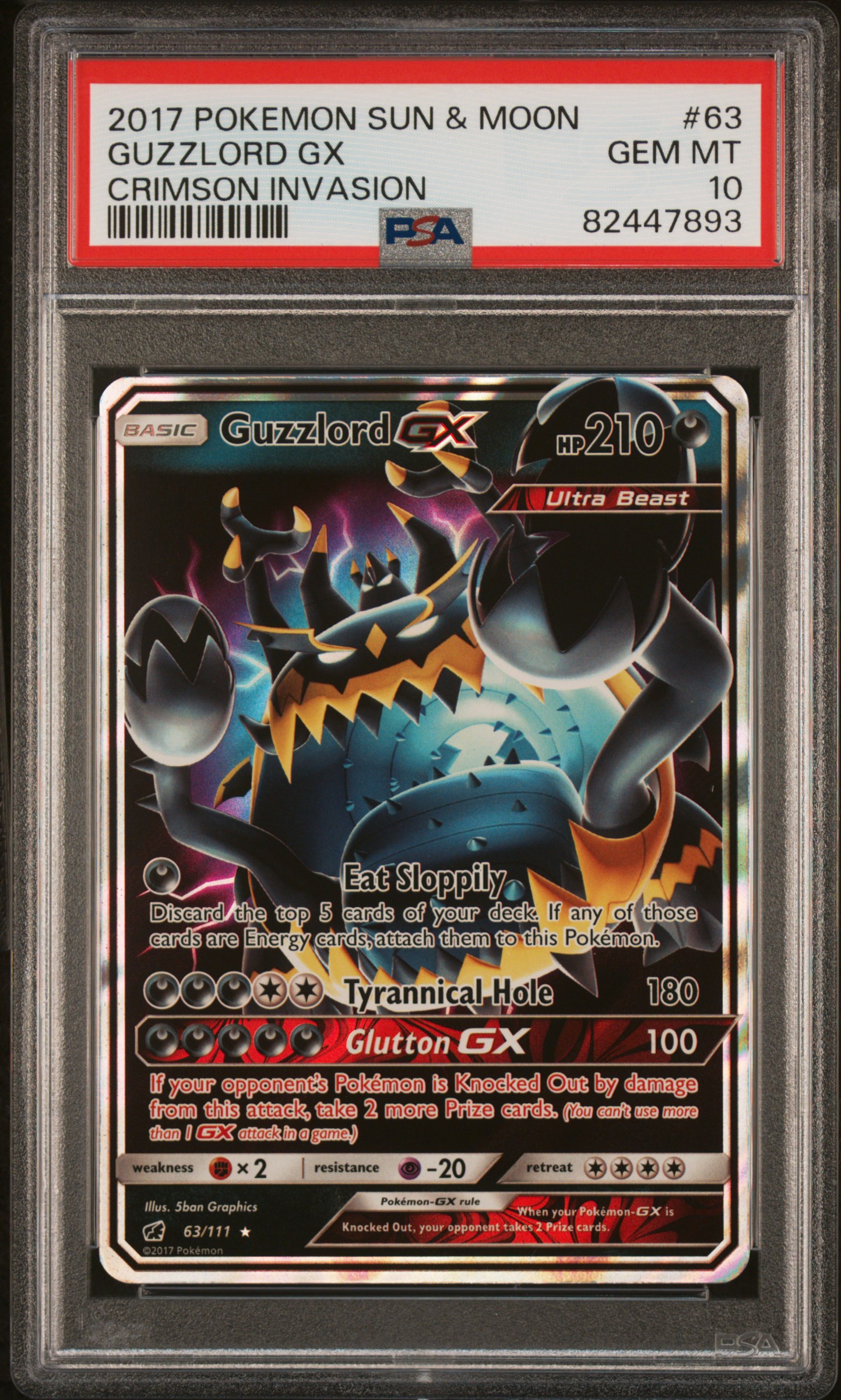 2017 Pokemon Sun & Moon Crimson Invasion #63 Guzzlord Gx PSA 10