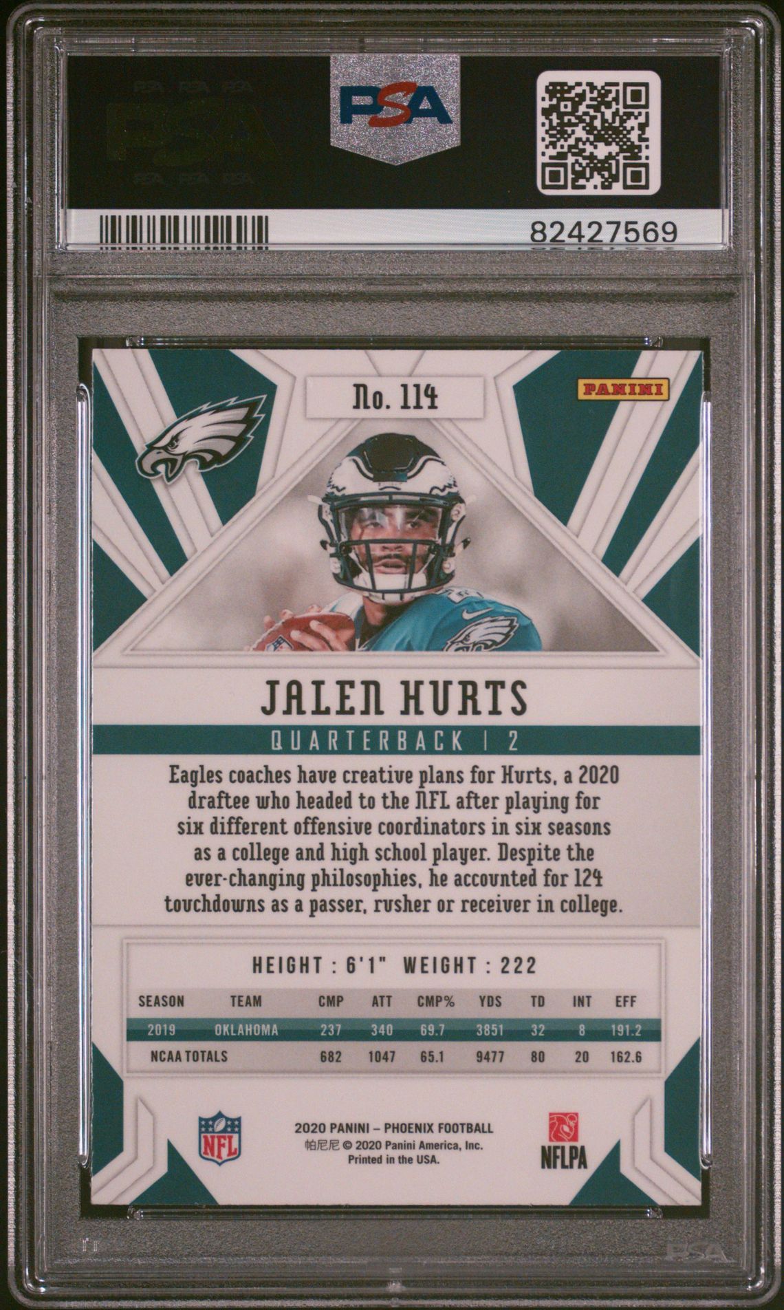 2020 Panini Phoenix Jalen Hurts #114 (Fire Burst) Gem Mt 10 back