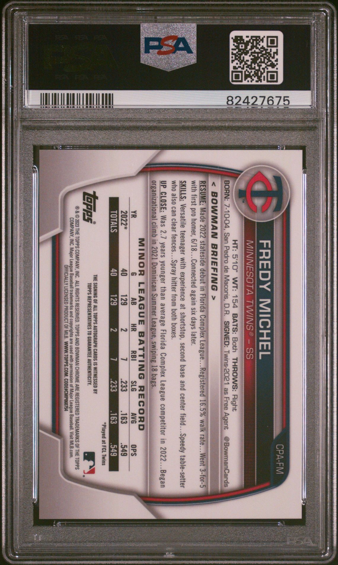 2023 Bowman Chrome Prospect Autographs Fredy Michel #Cpafm (Prospect Au-Orange Ref) Gem Mt 10 back