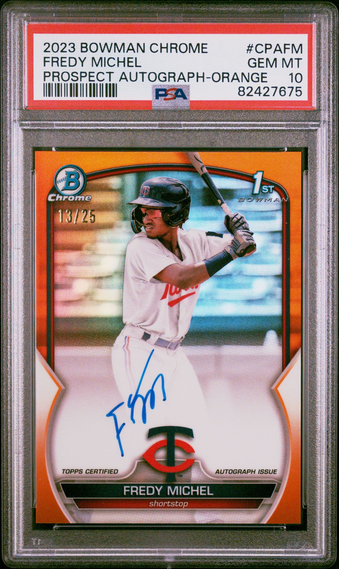 2023 Bowman Chrome Prospect Autographs Fredy Michel #Cpafm (Prospect Au-Orange Ref) Gem Mt 10 front
